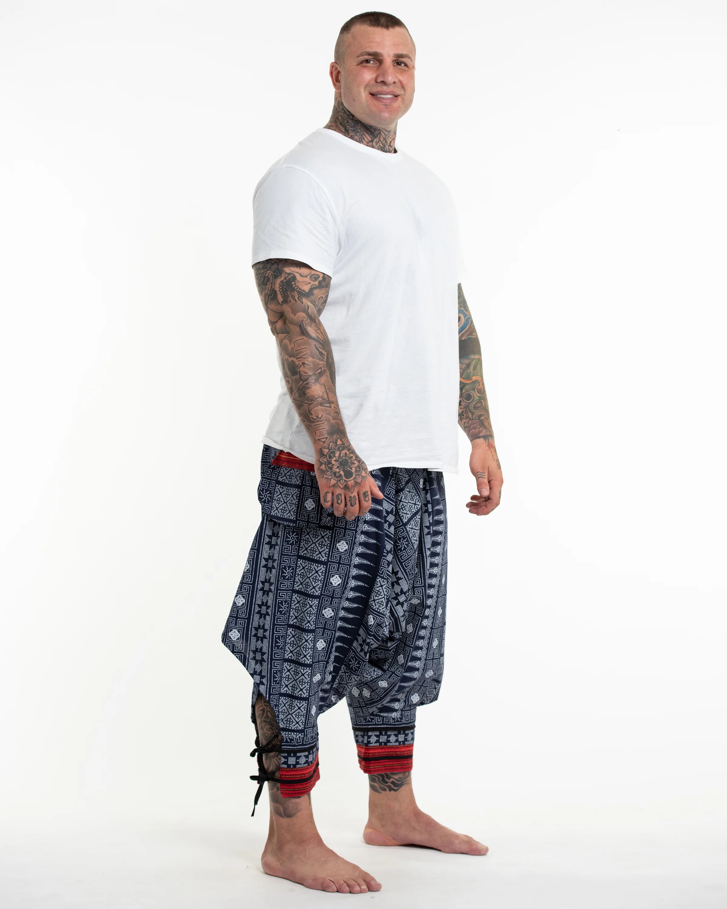 Plus Size Traditional Prints Thai Hill Tribe Fabric Men's Harem Pants with Ankle Straps in Navy