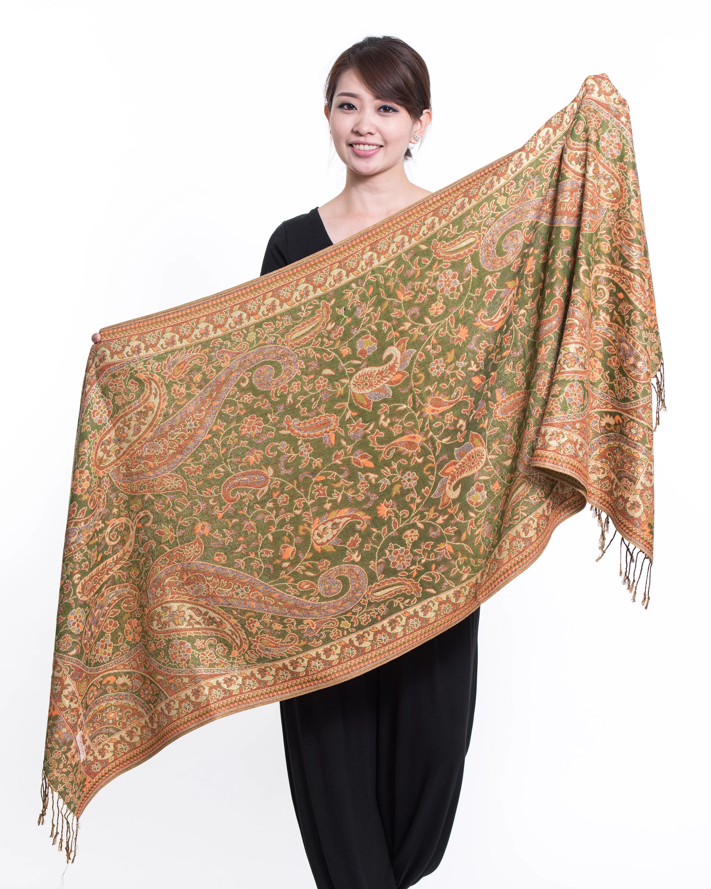 Nepal Traditional Paisley Pashmina Shawl Scarf in Green