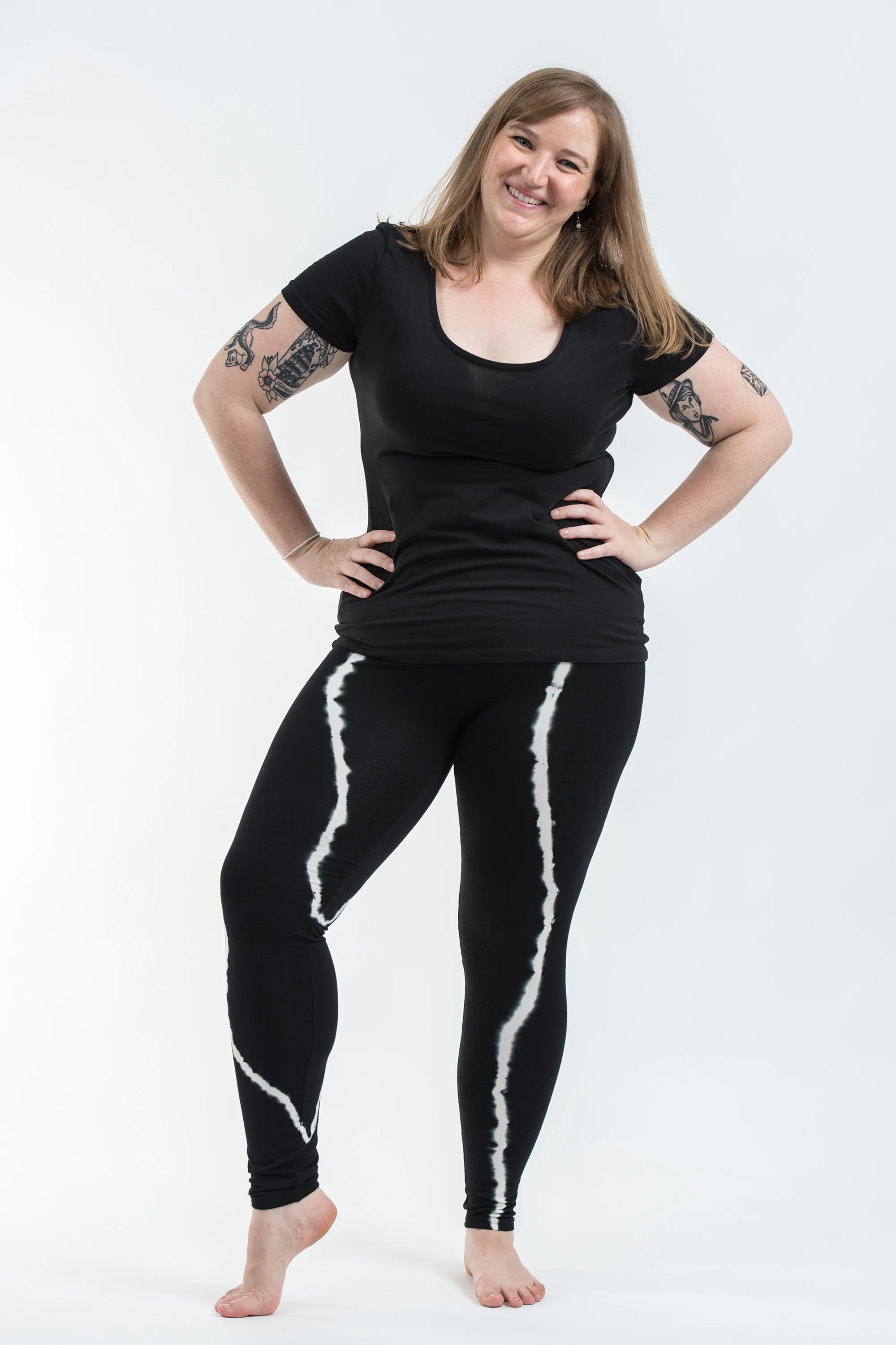Plus Size Black Tie Dye Cotton Leggings in Electra White