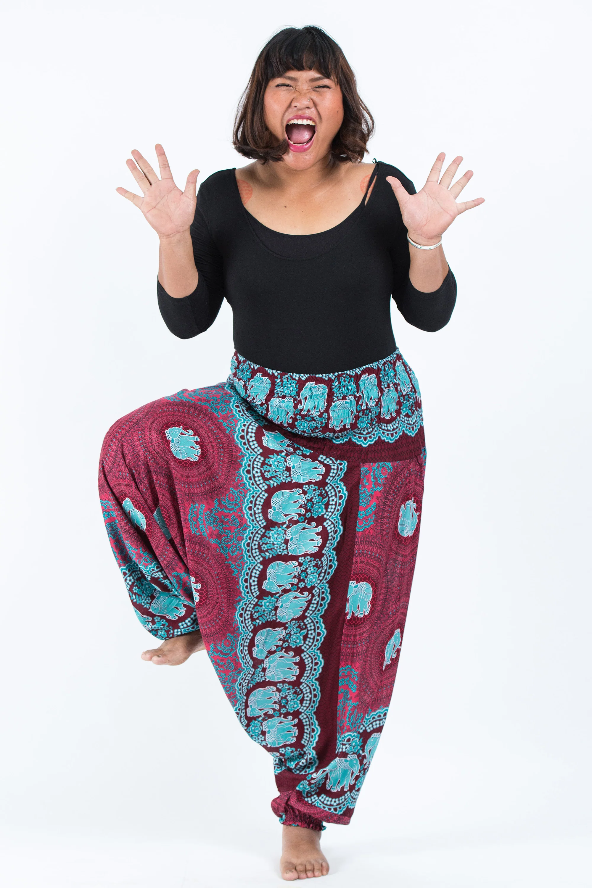 Plus Size Mandala Elephant 2-in-1 Jumpsuit Elephant Pants in Red