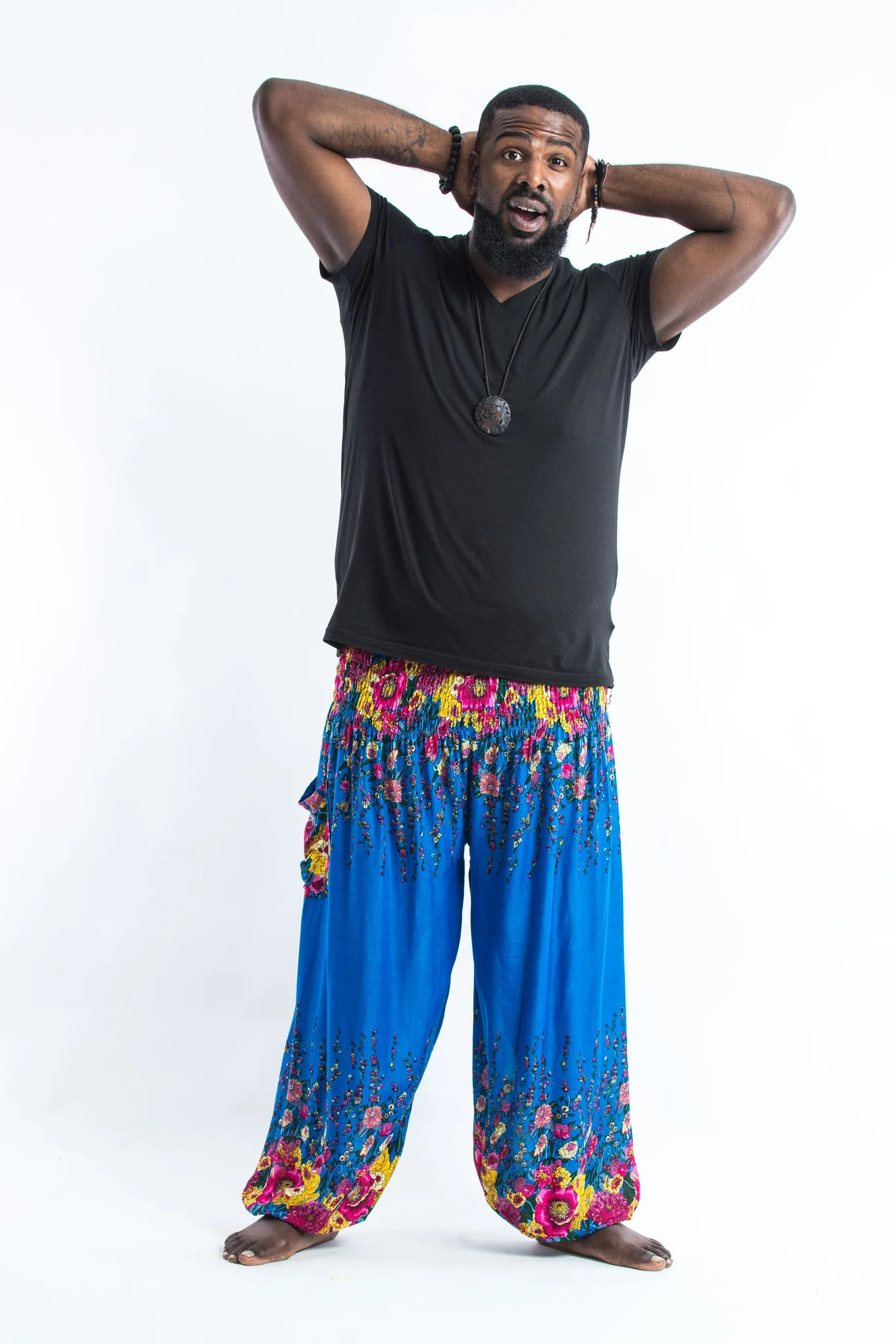 Plus Size Floral Men's Harem Pants in Ocean Blue