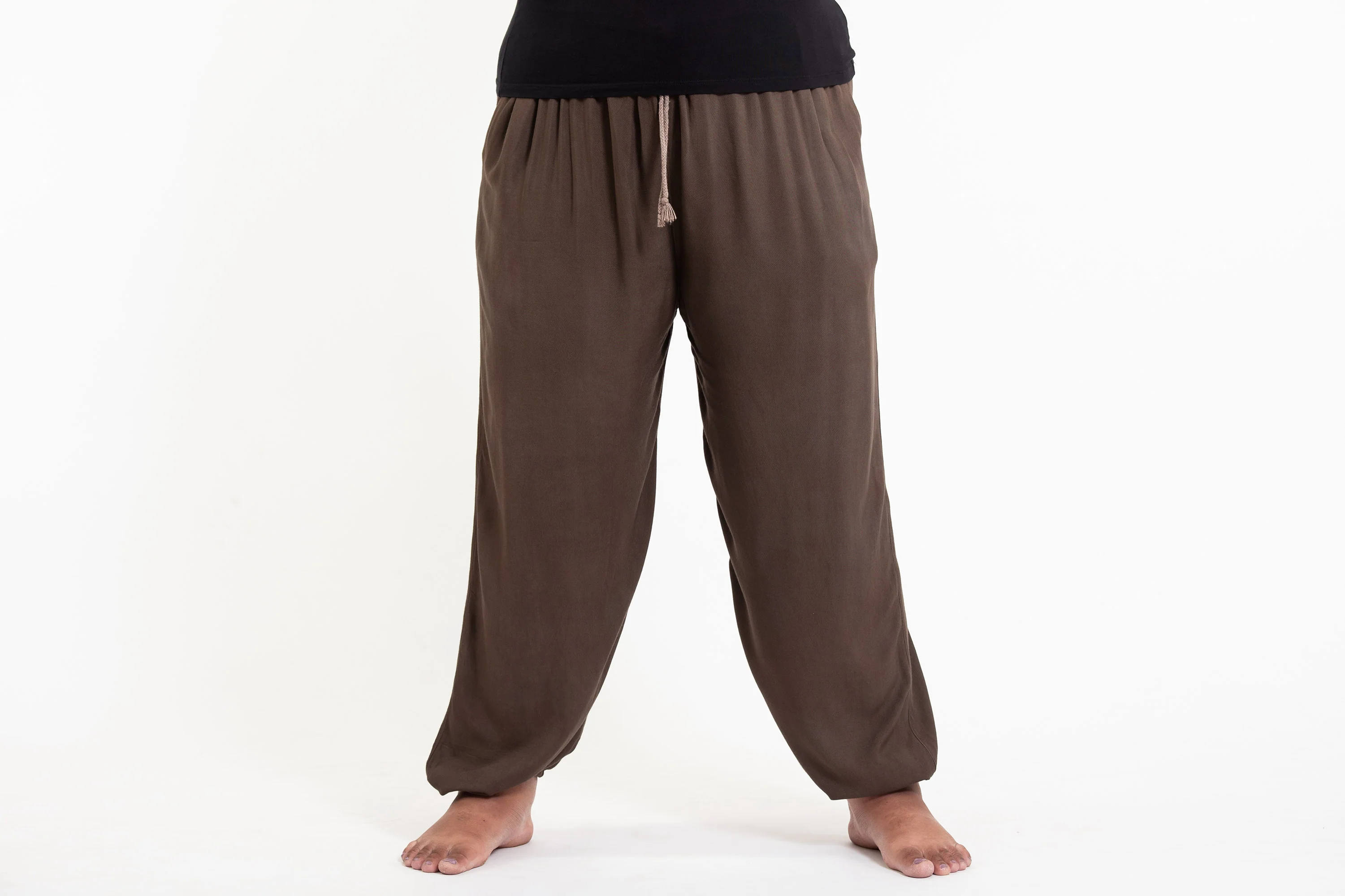 Plus Size Solid Color Drawstring Women's Yoga Massage Pants in Brown