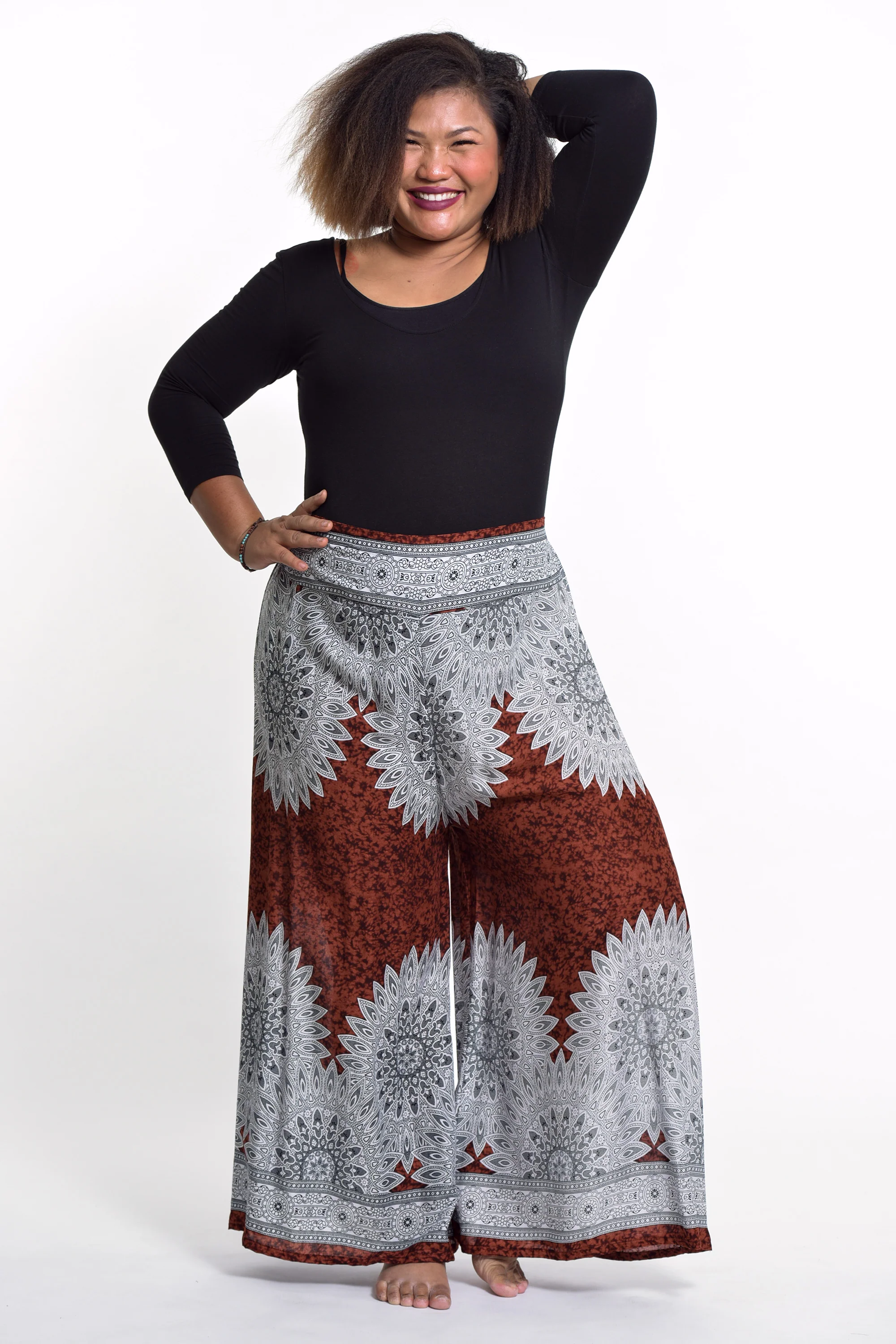 Plus Size Marble Mandalas Palazzo Style Harem Pants in Brown