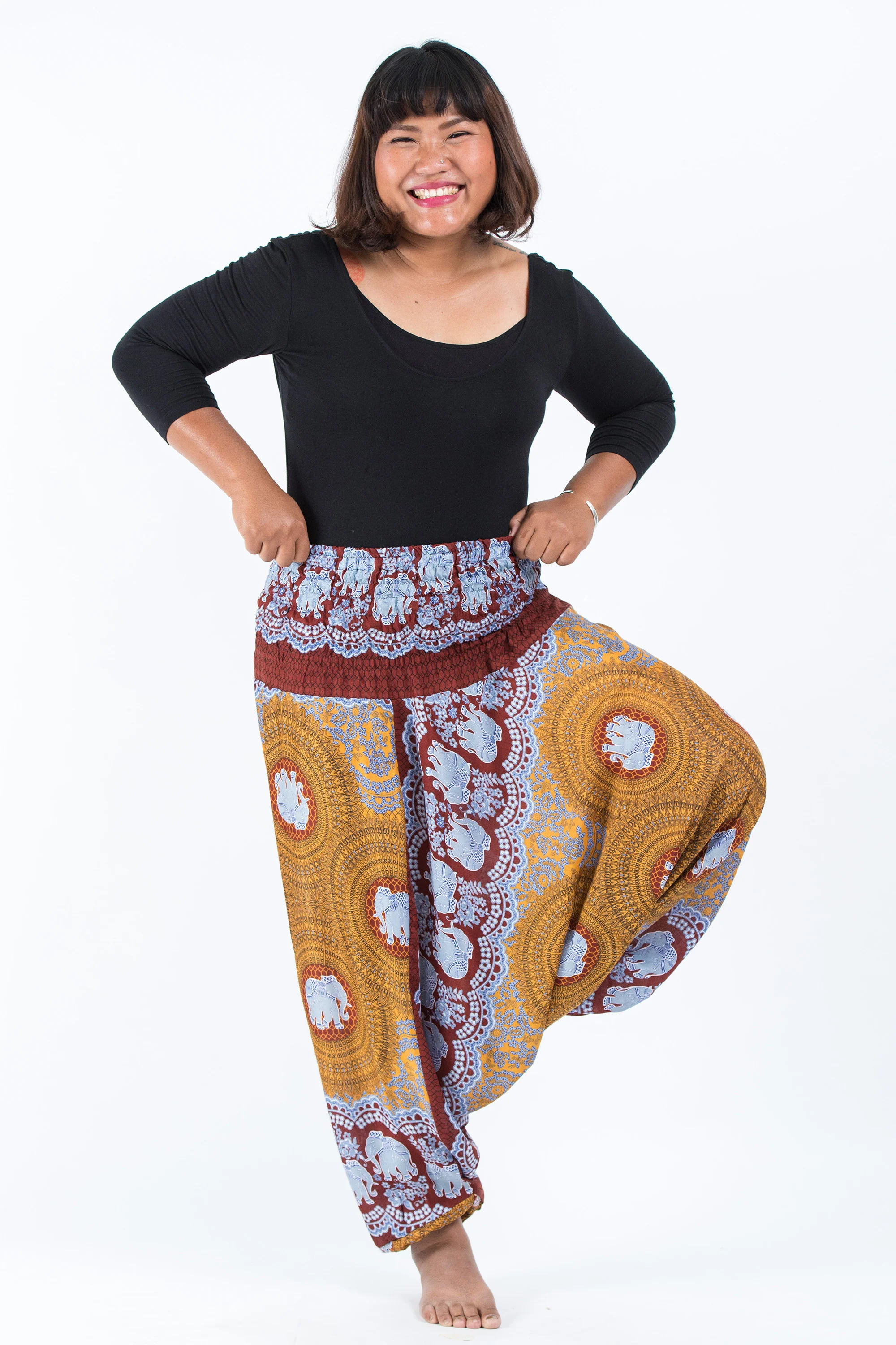 Plus Size Mandala Elephant 2-in-1 Jumpsuit Elephant Pants in Bronze