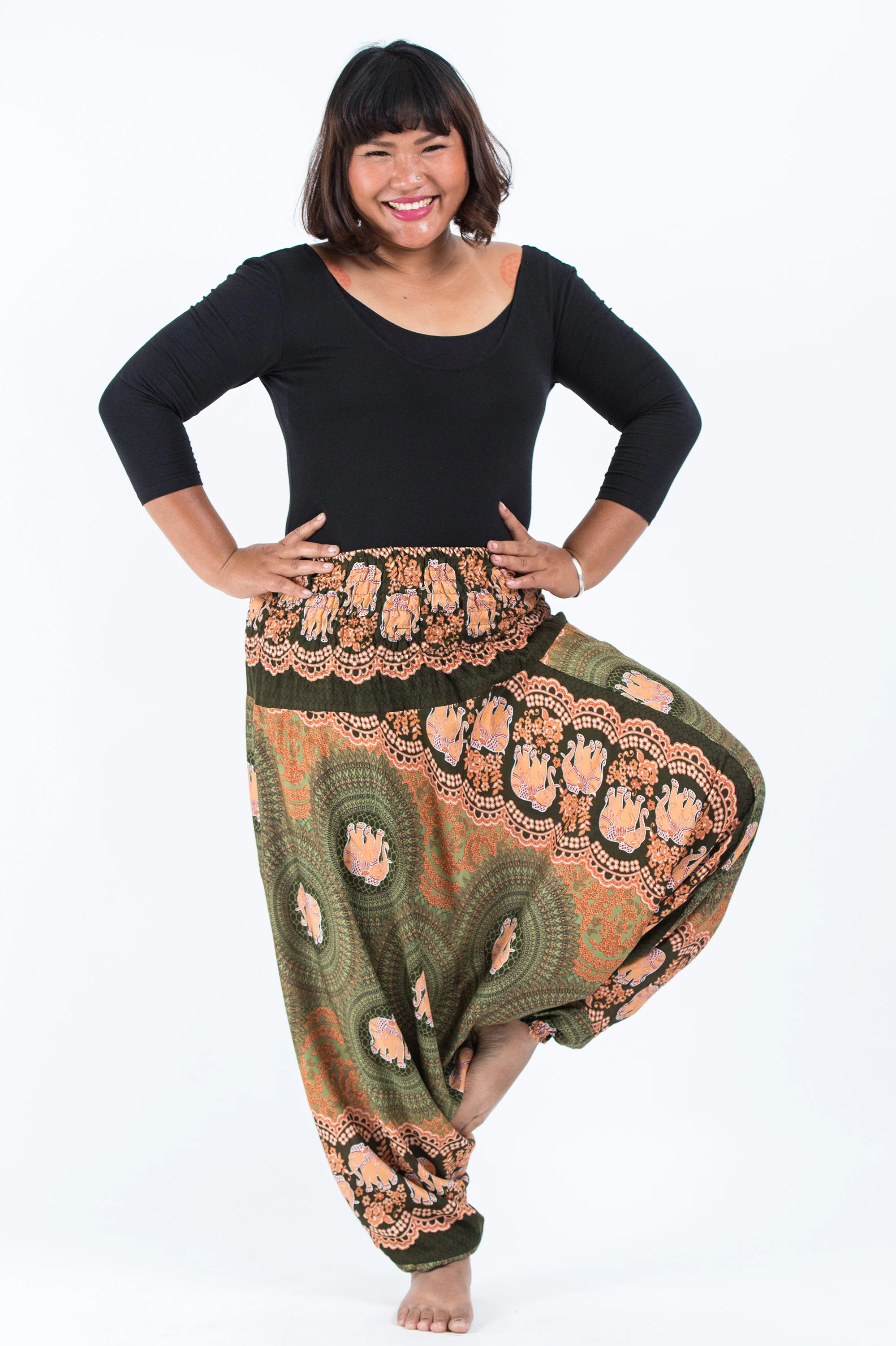 Plus Size Mandala Elephant 2-in-1 Jumpsuit Elephant Pants in Olive