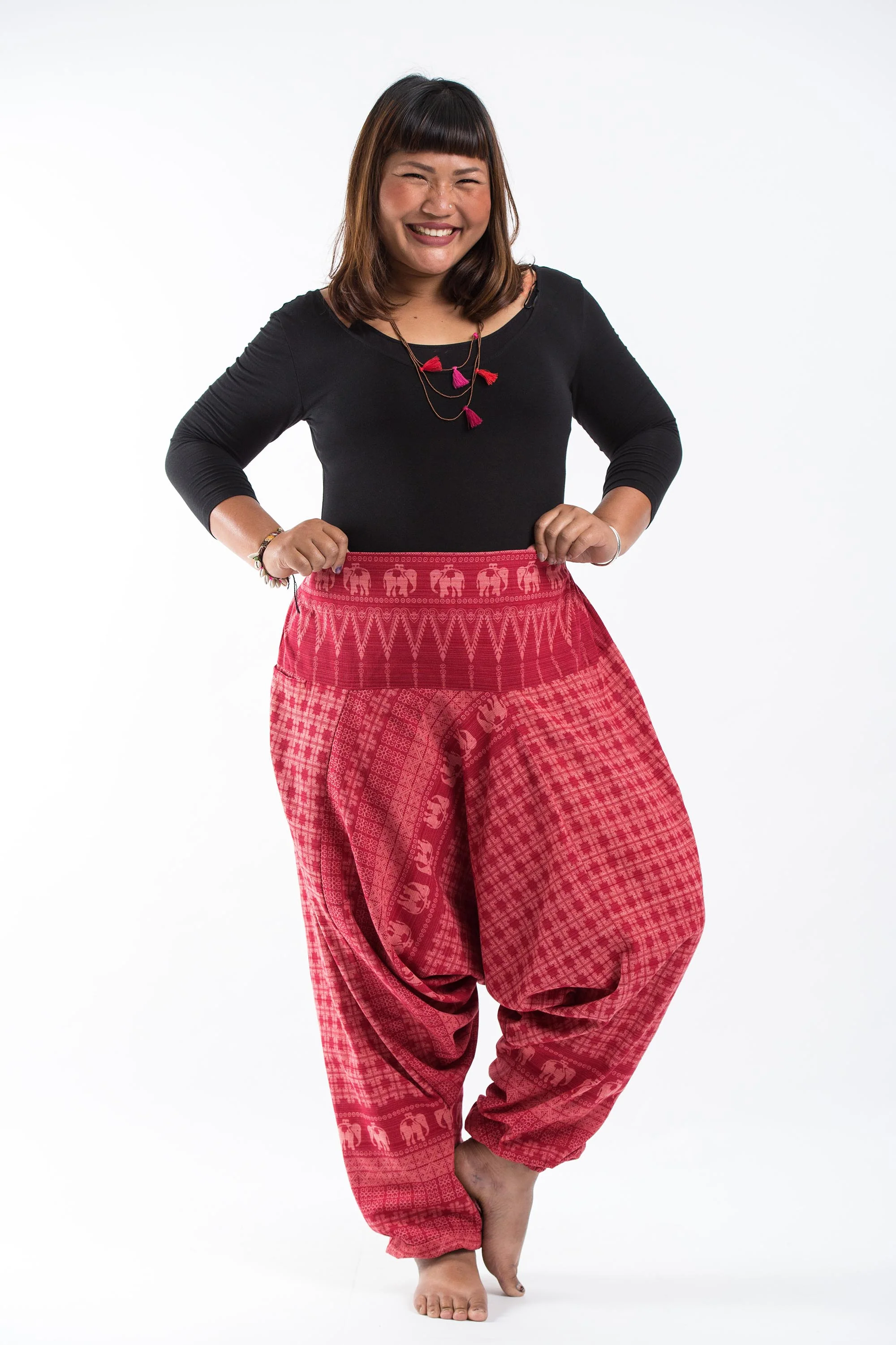 Plus Size Hill Tribe Elephant Women's Elephant Pants in Red