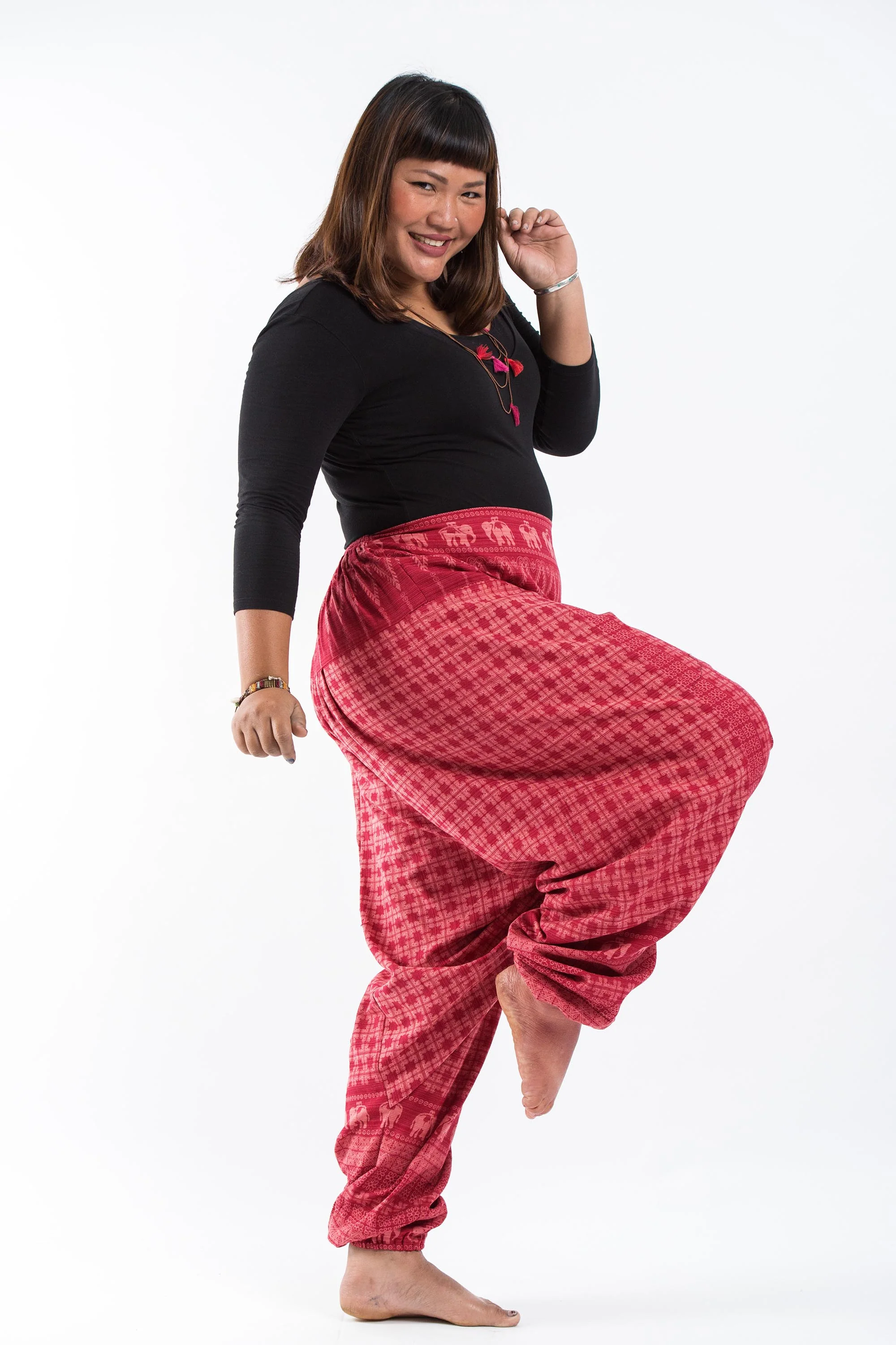 2508-Plus-Size-Hill-Tribe-Elephant-Women-s-Elephant-Pants-in-Red-3.webp Plus Size Hill Tribe Elephant Women's Elephant Pants in Red