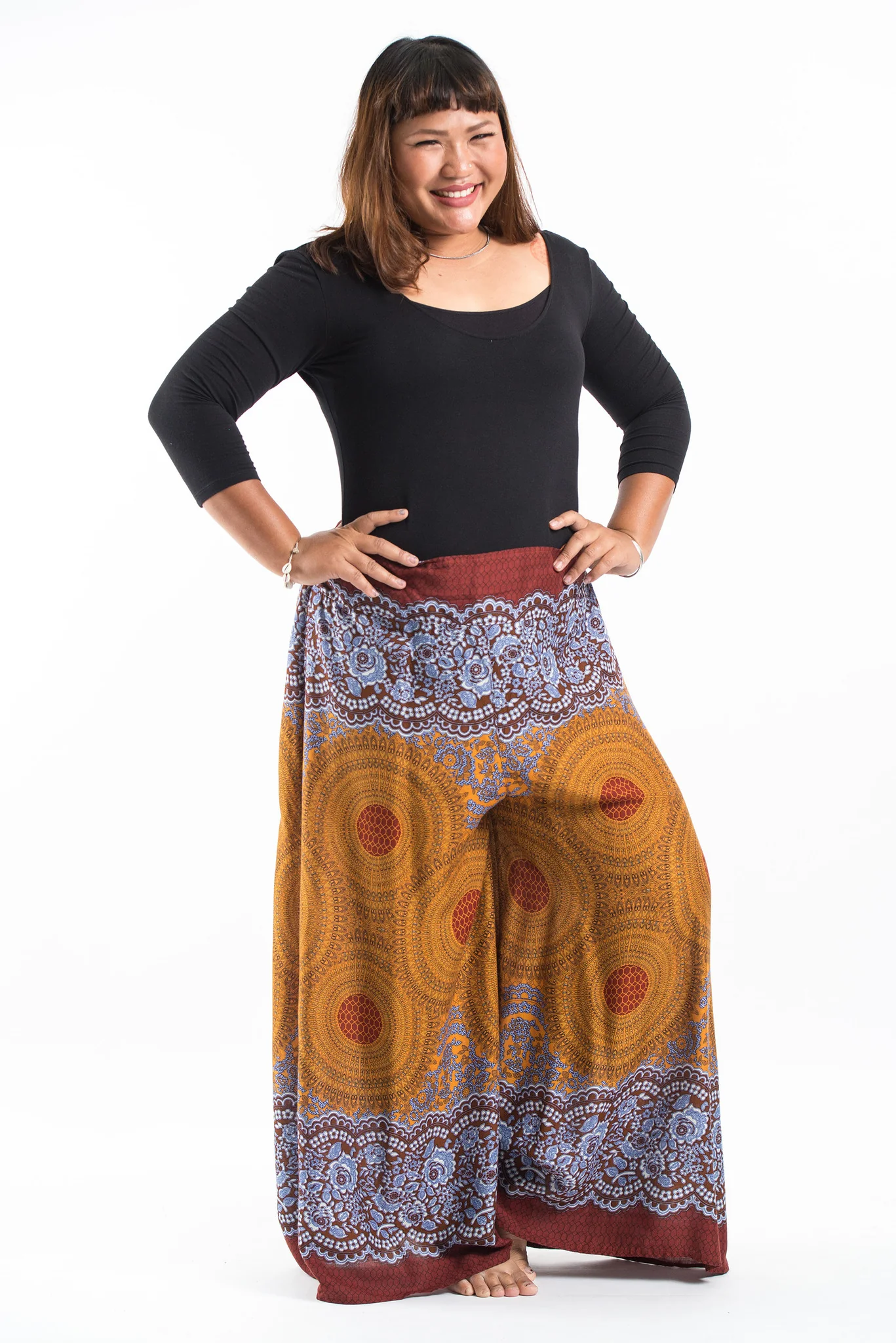 Plus Size Geometric Mandalas Palazzo Style Harem Pants in Bronze