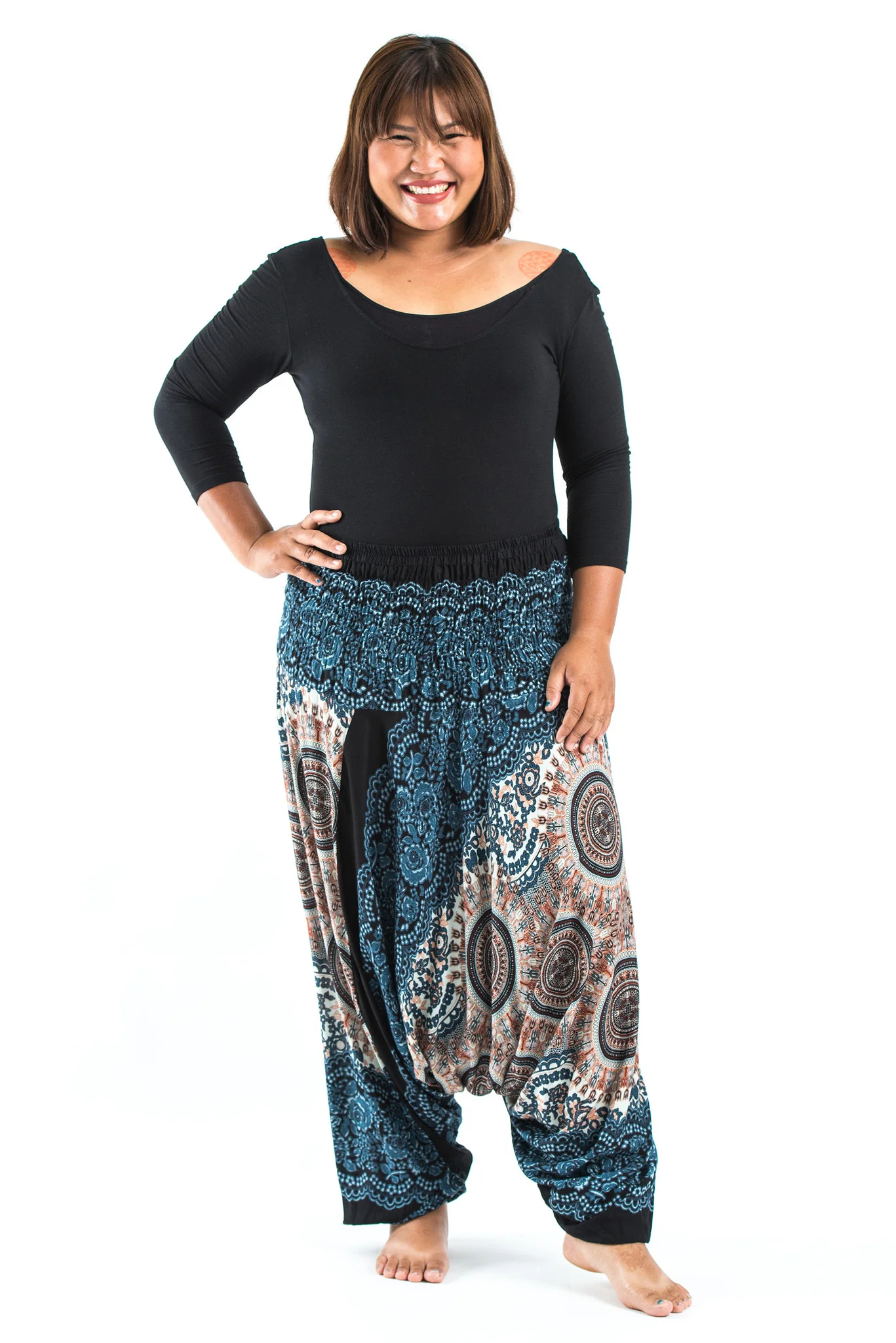 Plus Size Trishula Mandalas 2-in-1 Jumpsuit Harem Pants in Silver Gray