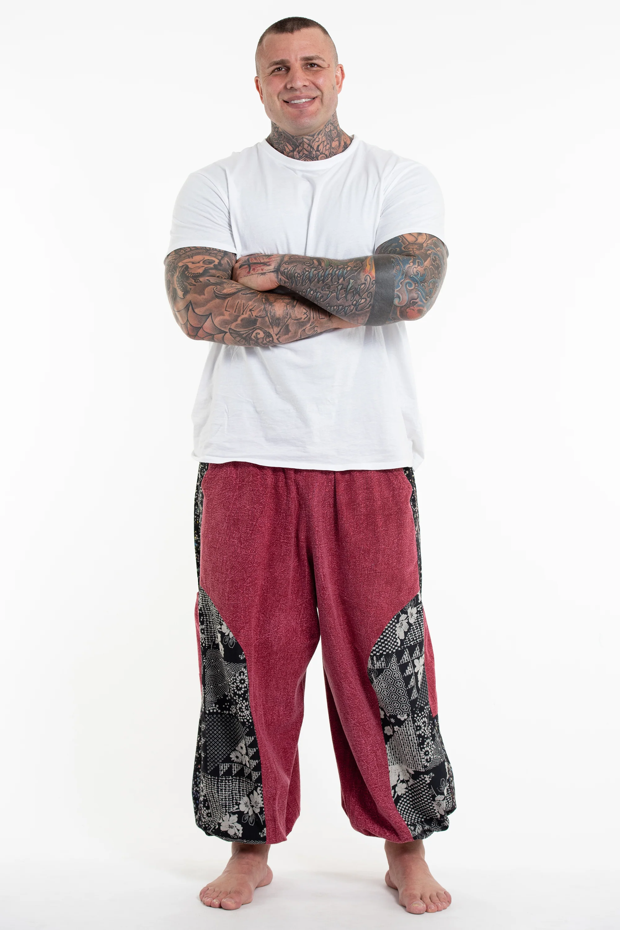 Plus Size Stone Washed Patchwork Men Unisex Pants in Red