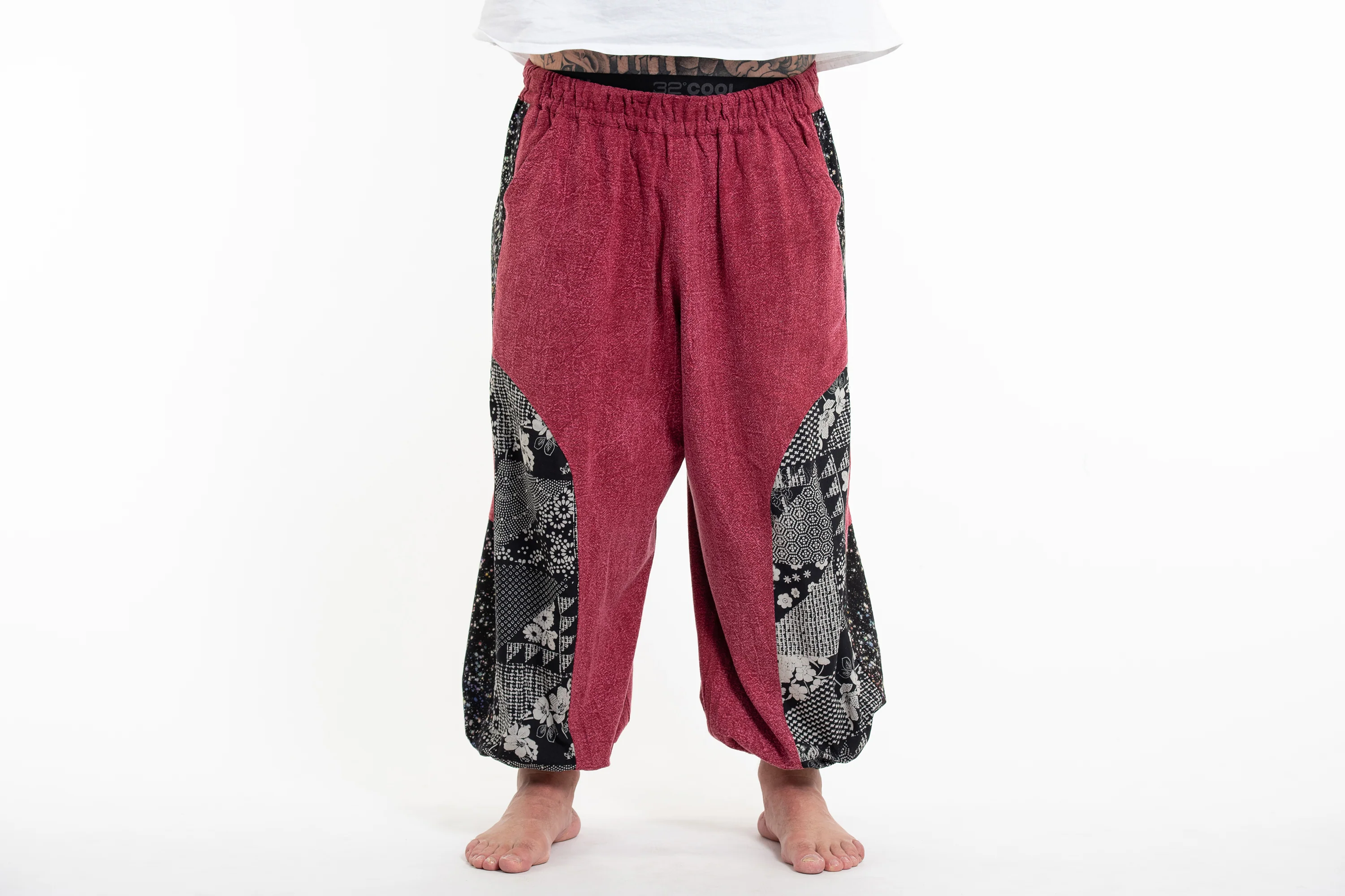 Plus Size Stone Washed Patchwork Men Unisex Pants in Red