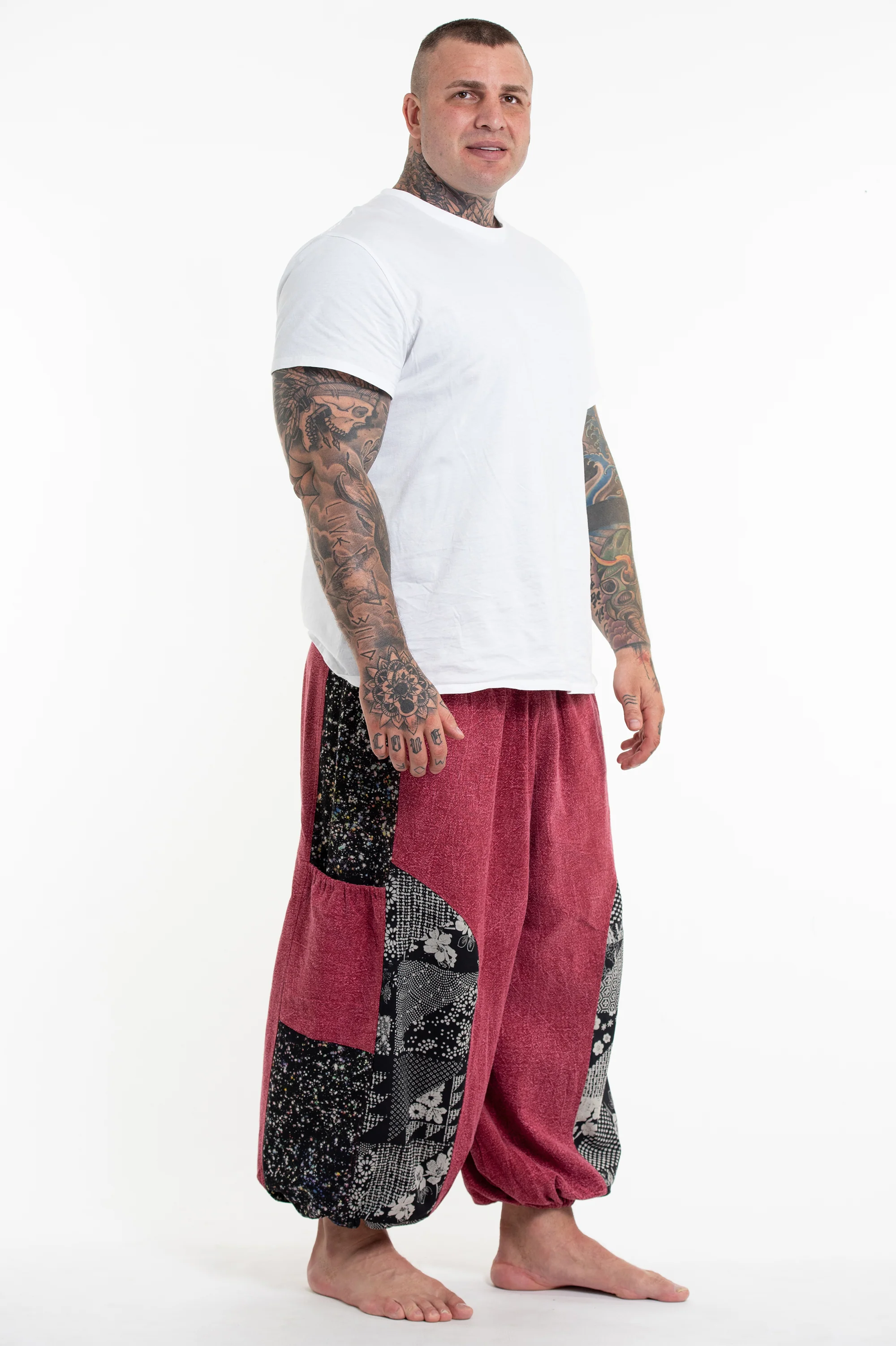2517-Plus-Size-Stone-Washed-Patchwork-Men-Unisex-Pants-in-Red-3.webp Plus Size Stone Washed Patchwork Men Unisex Pants in Red