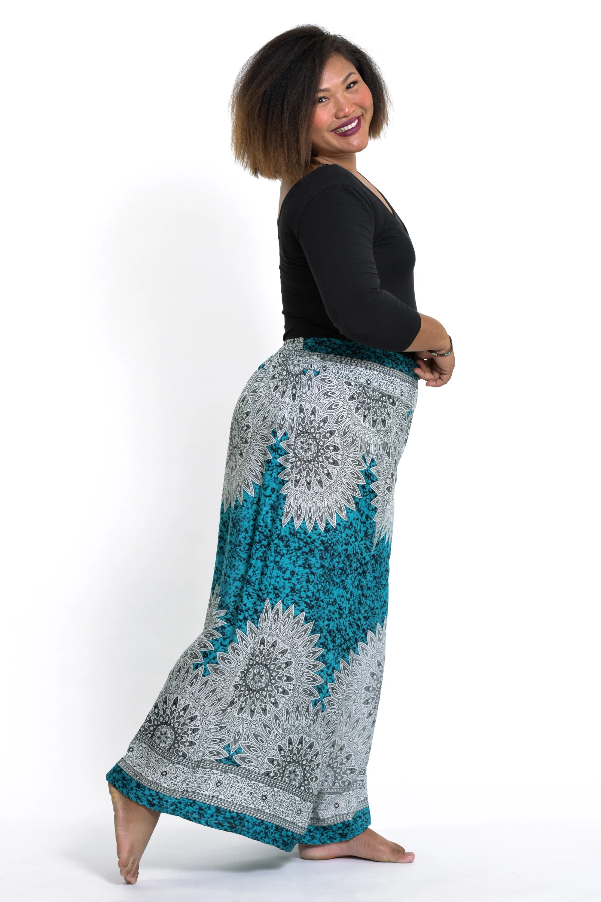 Plus Size Marble Mandalas Palazzo Style Harem Pants in Turquoise
