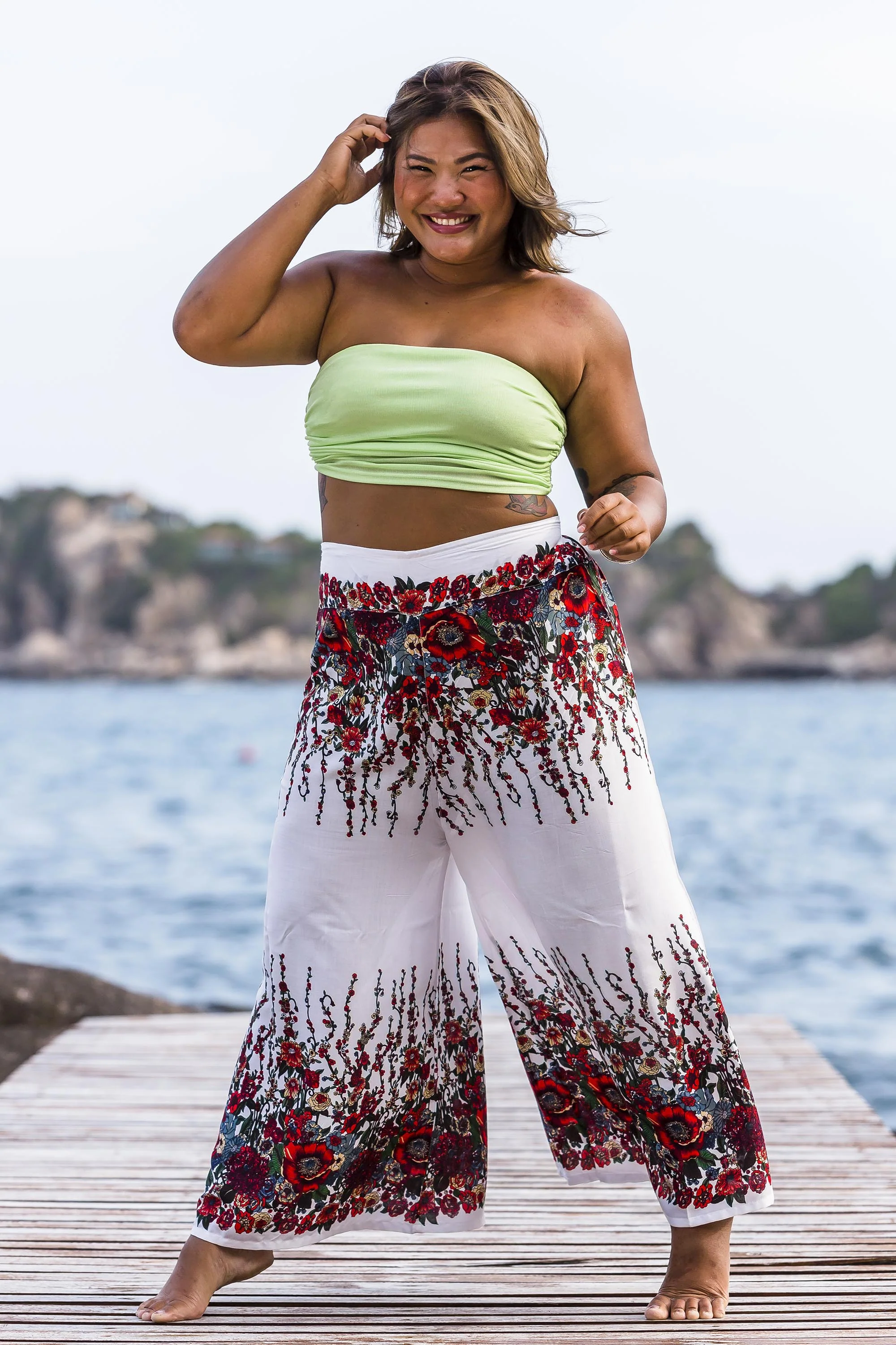Plus Size Floral Palazzo Style Harem Pants in White