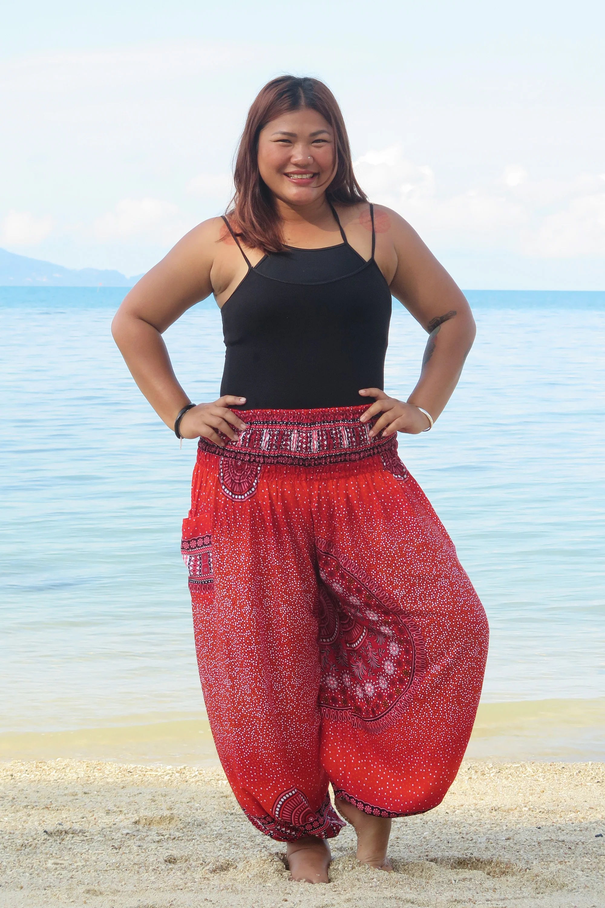 Plus Size Tribal Chakras Women's Harem Pants in Red