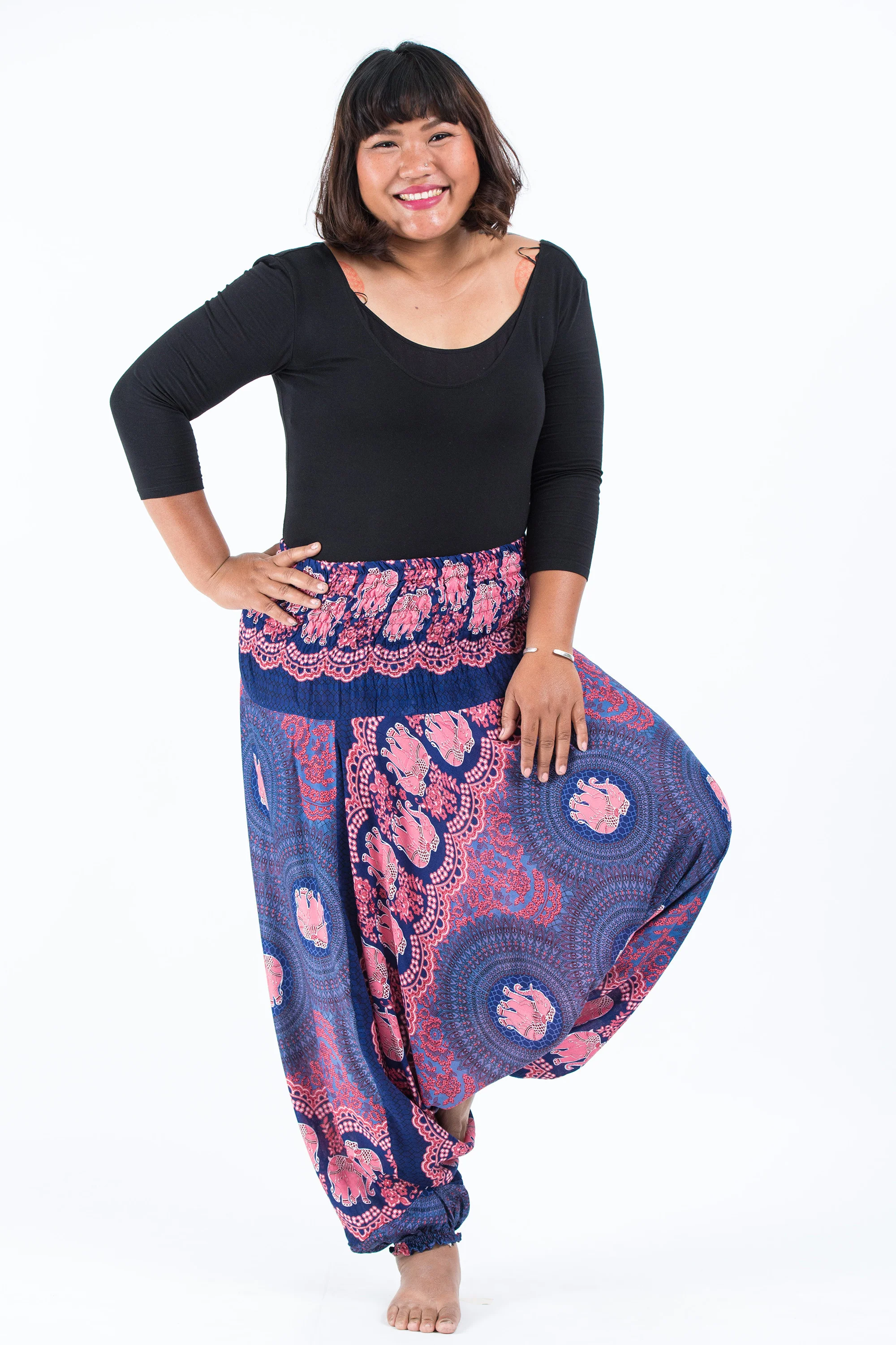 Plus Size Mandala Elephant 2-in-1 Jumpsuit Elephant Pants in Blue