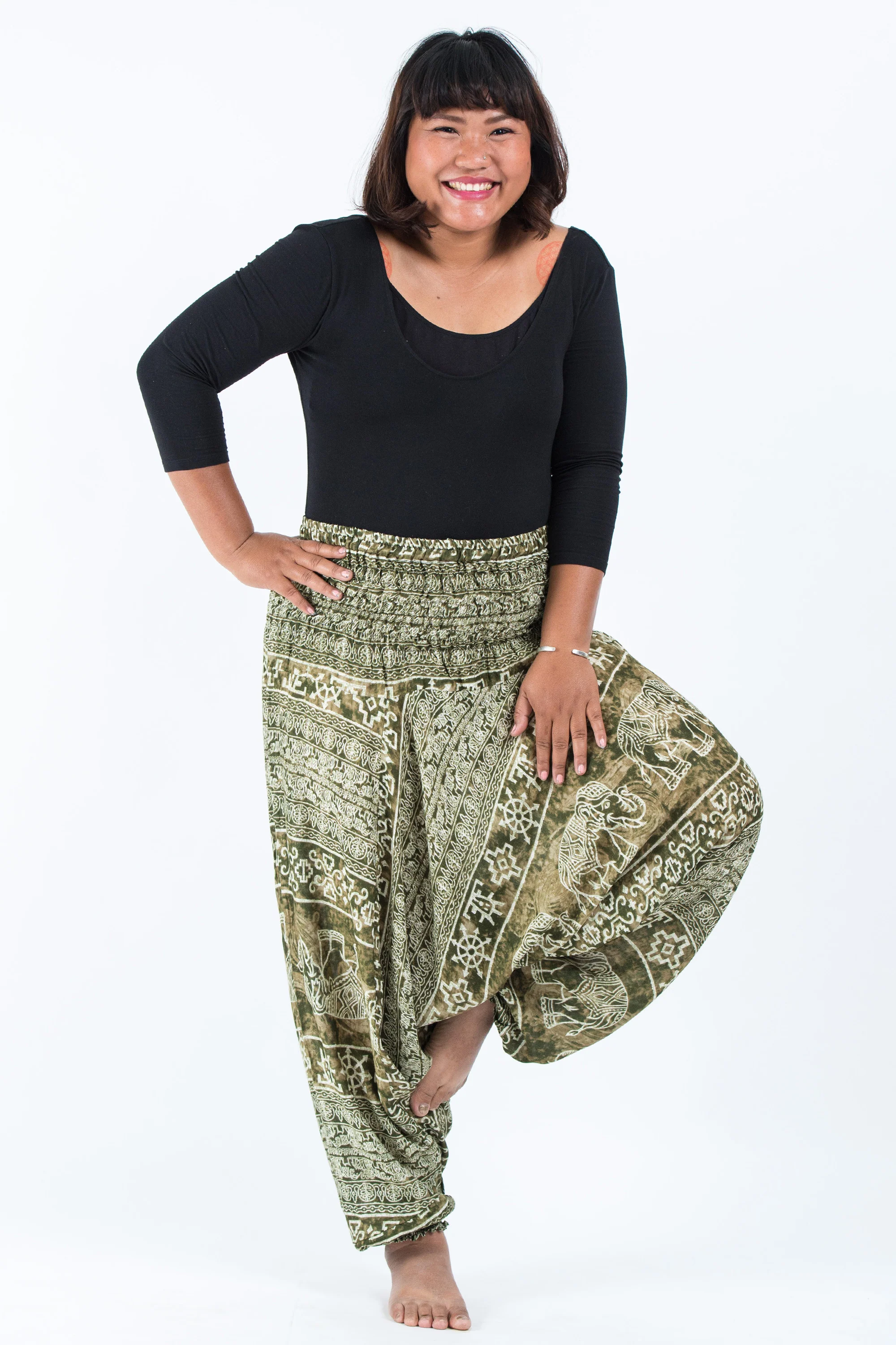 Plus Size Marble Elephant 2-in-1 Jumpsuit Elephant Pants in Olive