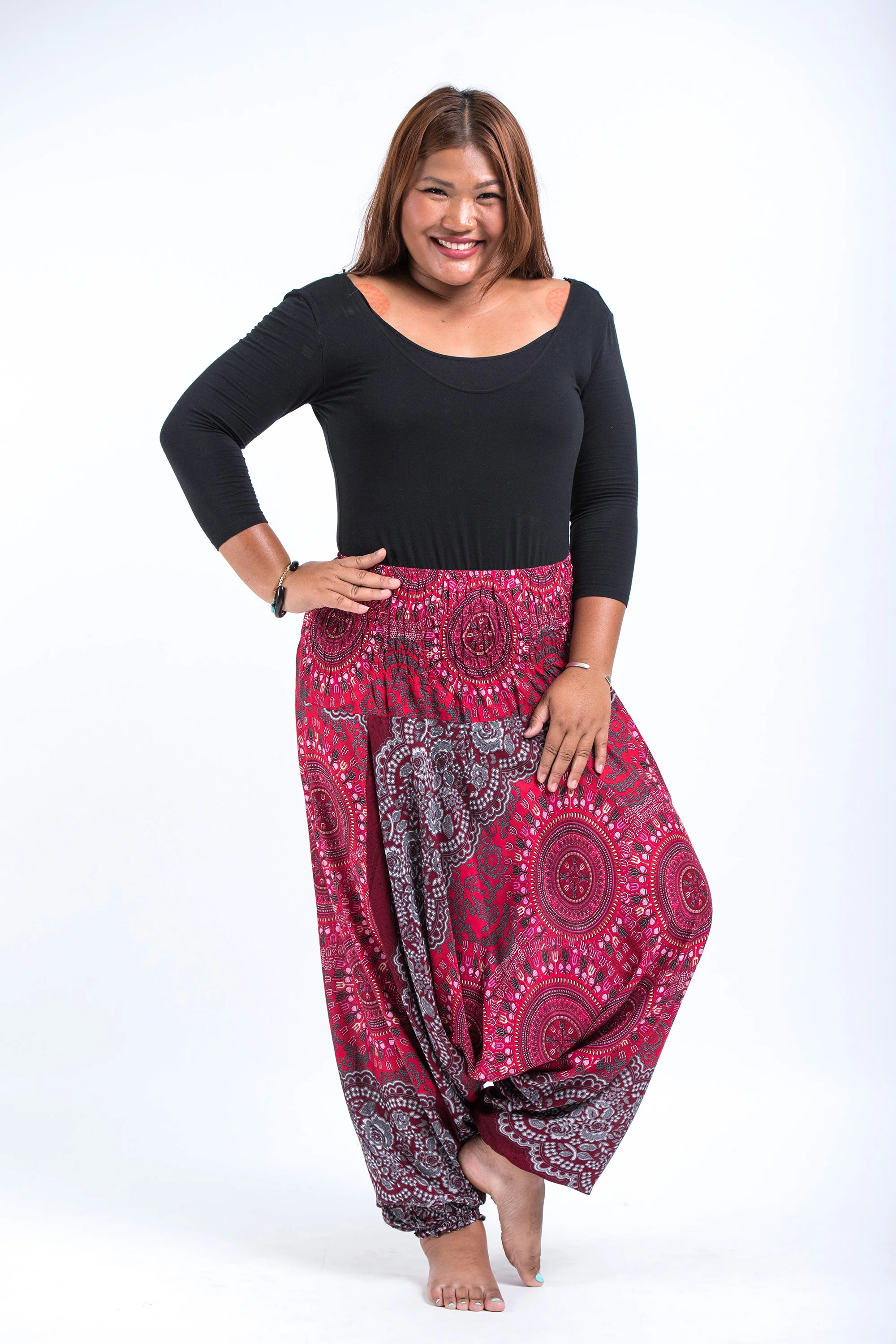 Plus Size Trishula Mandalas 2-in-1 Jumpsuit Harem Pants in Red