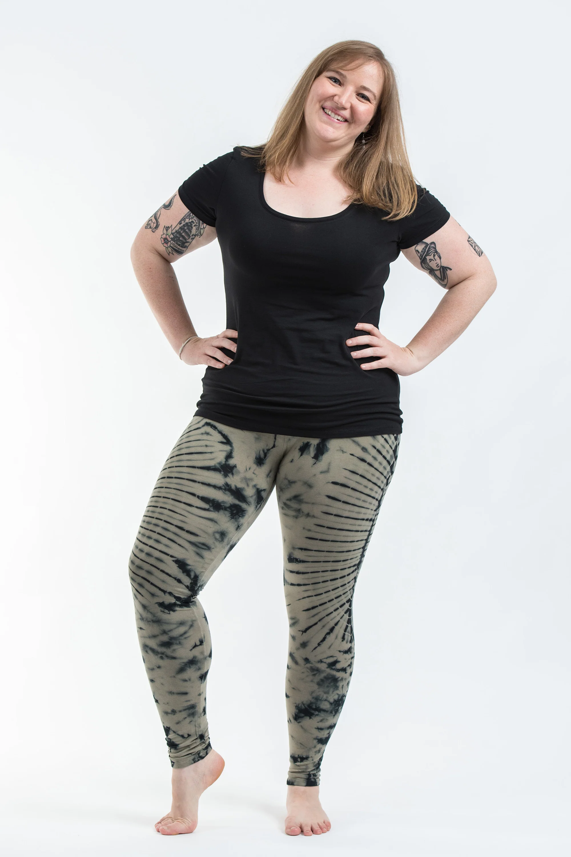 Plus Size Oval Swirls Tie Dye Cotton Leggings in Stone Black