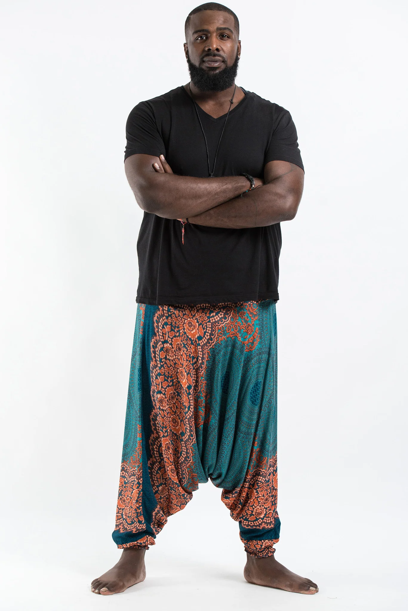 Plus Size Geometric Mandalas Drop Crotch Men's Harem Pants in Turquoise
