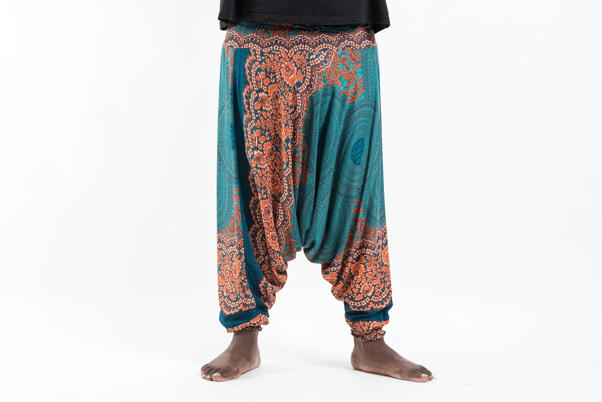 Plus Size Geometric Mandalas Drop Crotch Men's Harem Pants in Turquoise