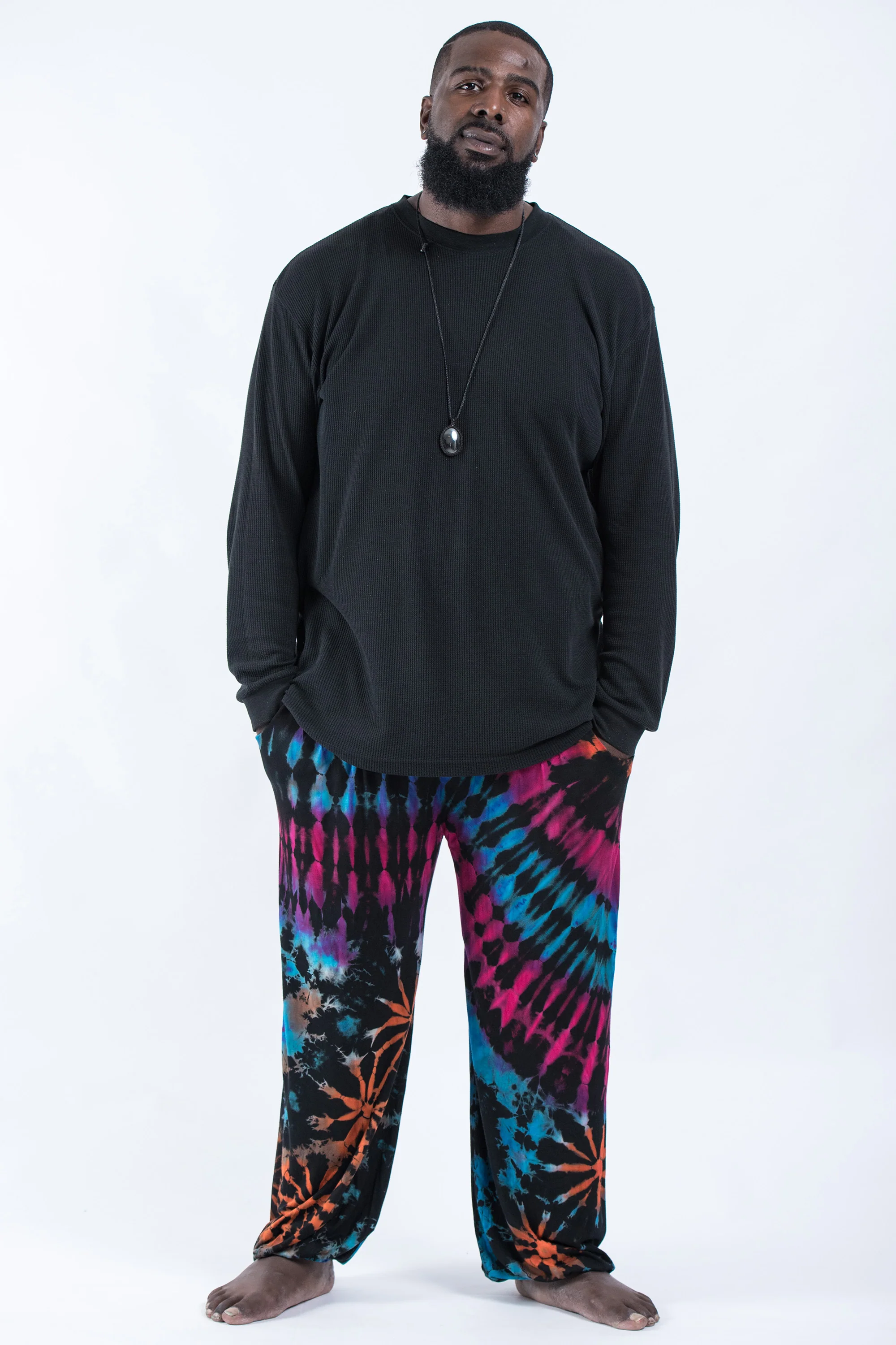 Plus Size Tie Dye Cotton Men Harem Pants in Festival Black