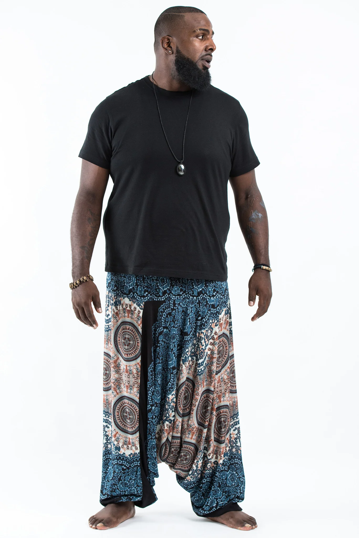 Plus Size Trishula Mandalas Drop Crotch Men's Harem Pants in Silver Gray