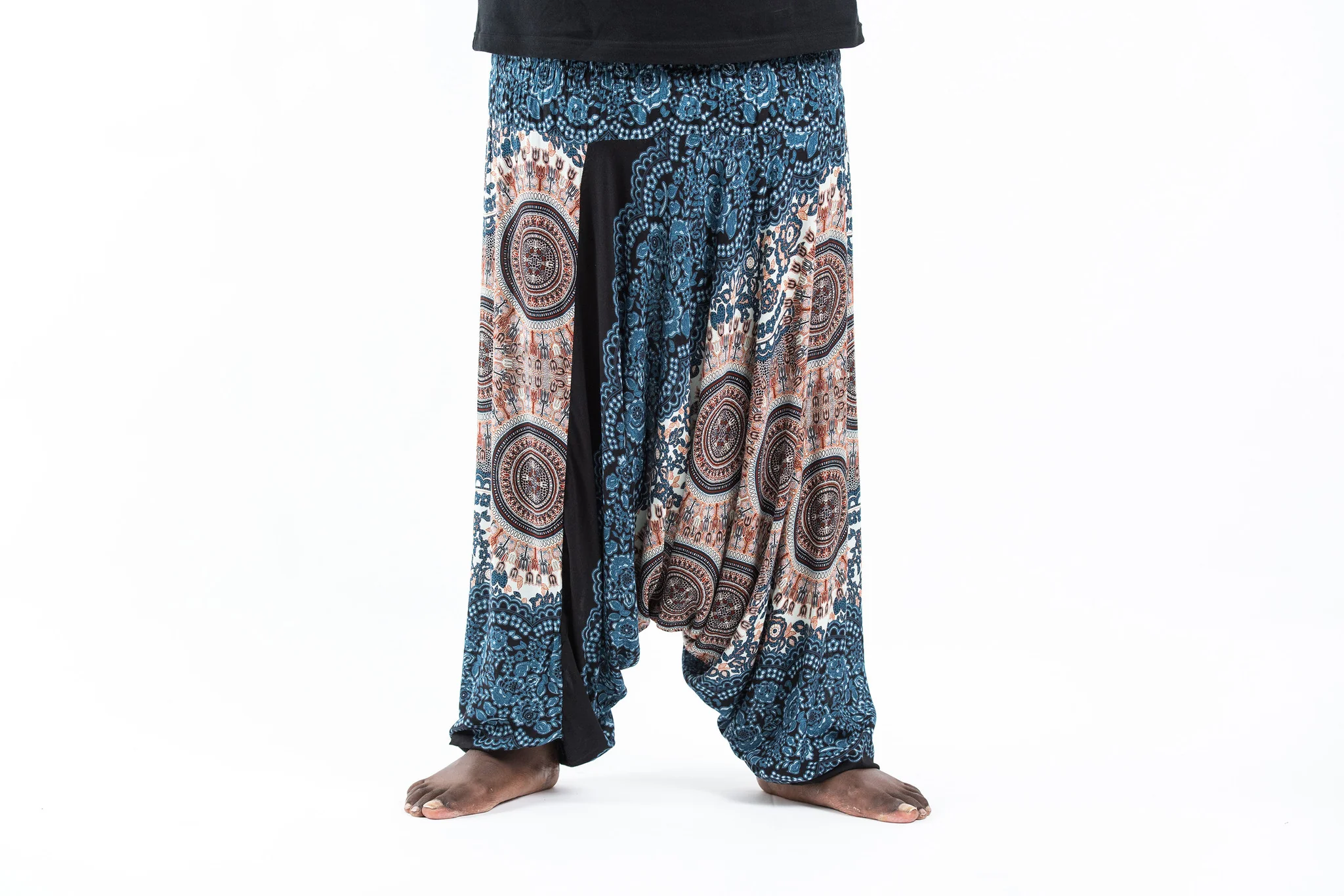 Plus Size Trishula Mandalas Drop Crotch Men's Harem Pants in Silver Gray
