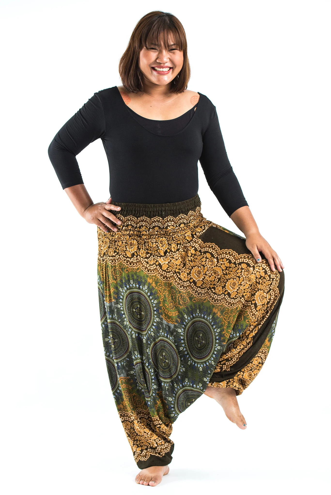 Plus Size Trishula Mandalas 2-in-1 Jumpsuit Harem Pants in Olive