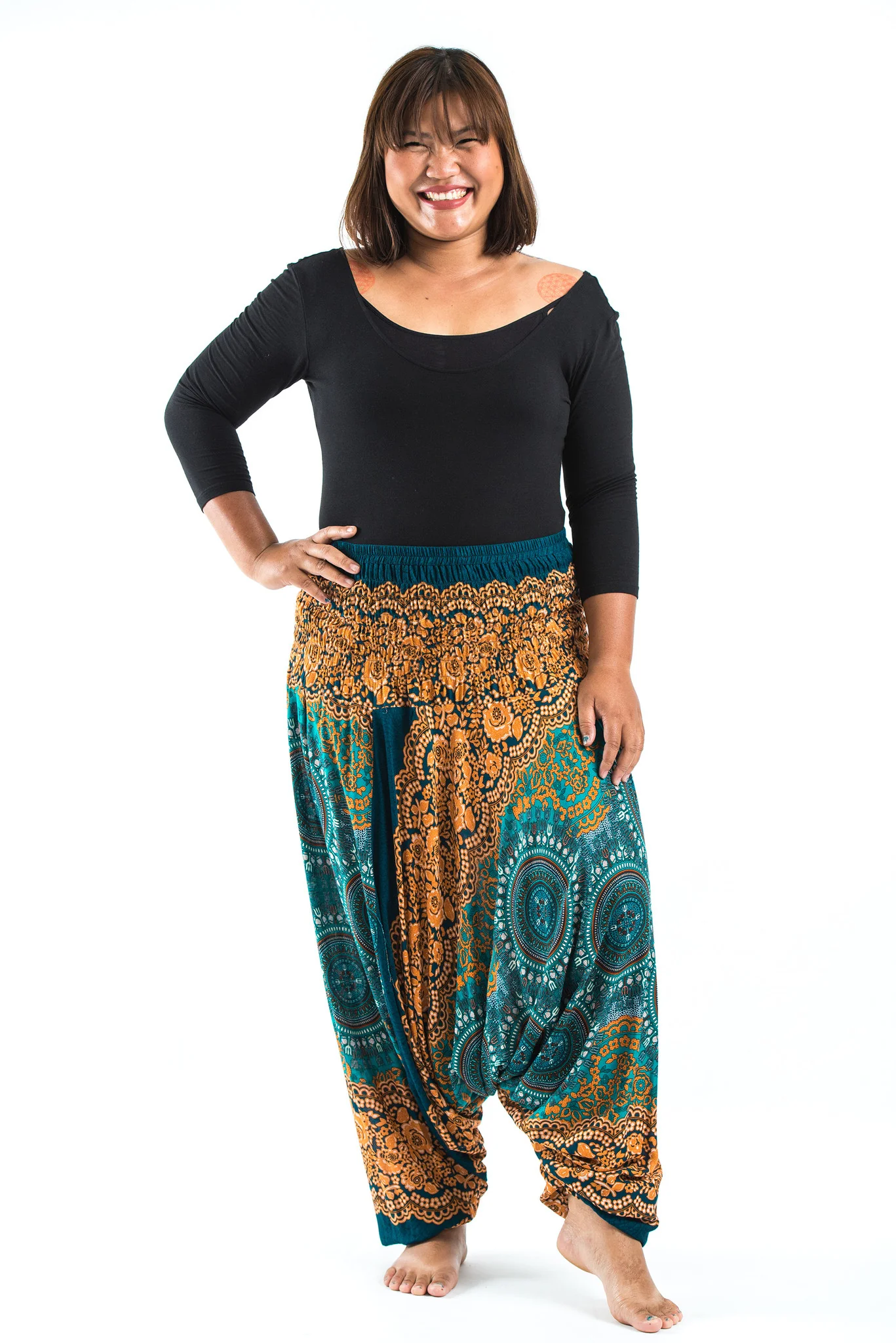 Plus Size Trishula Mandalas 2-in-1 Jumpsuit Harem Pants in Turquoise