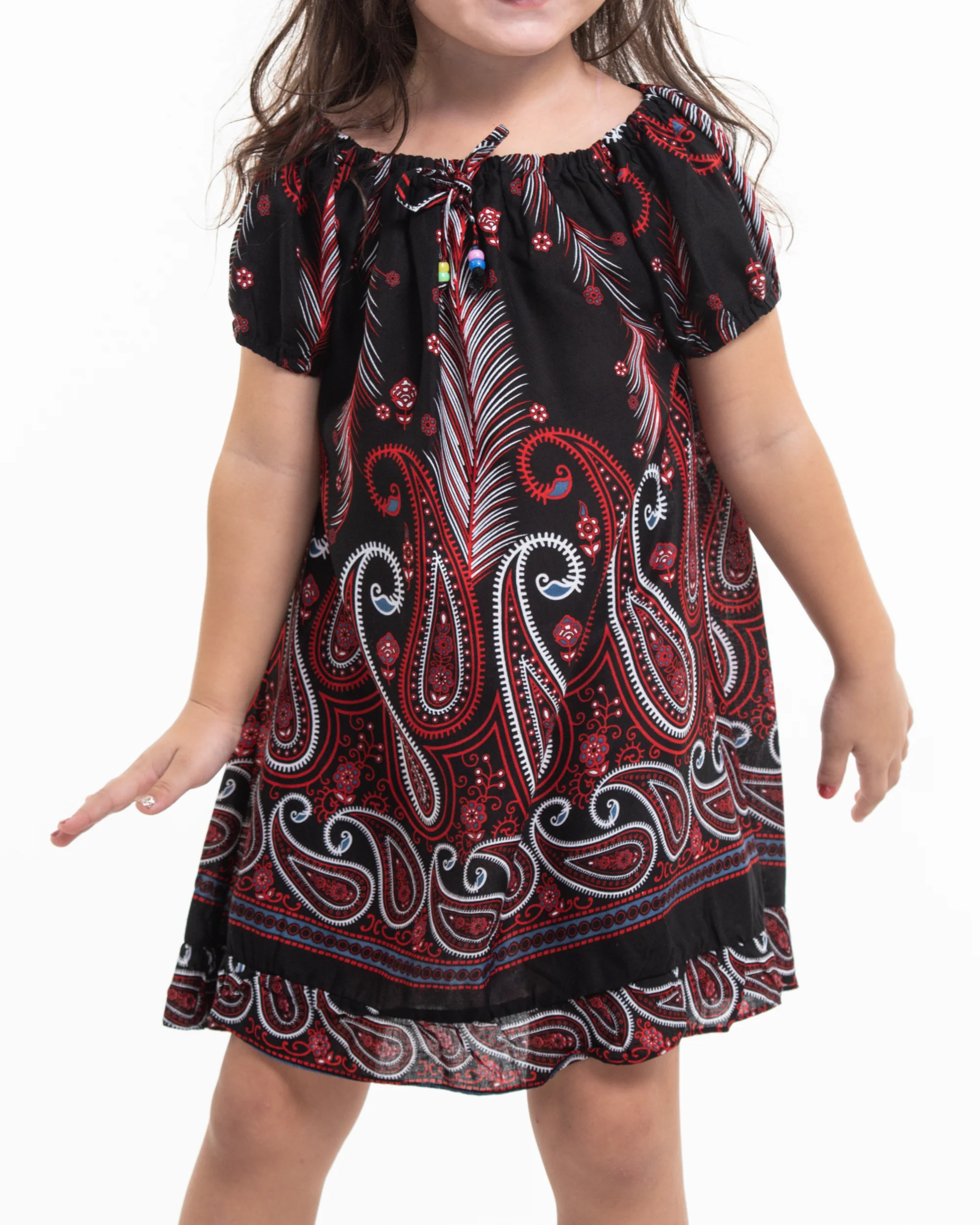 Kids Paisley Feathers Dress in Black