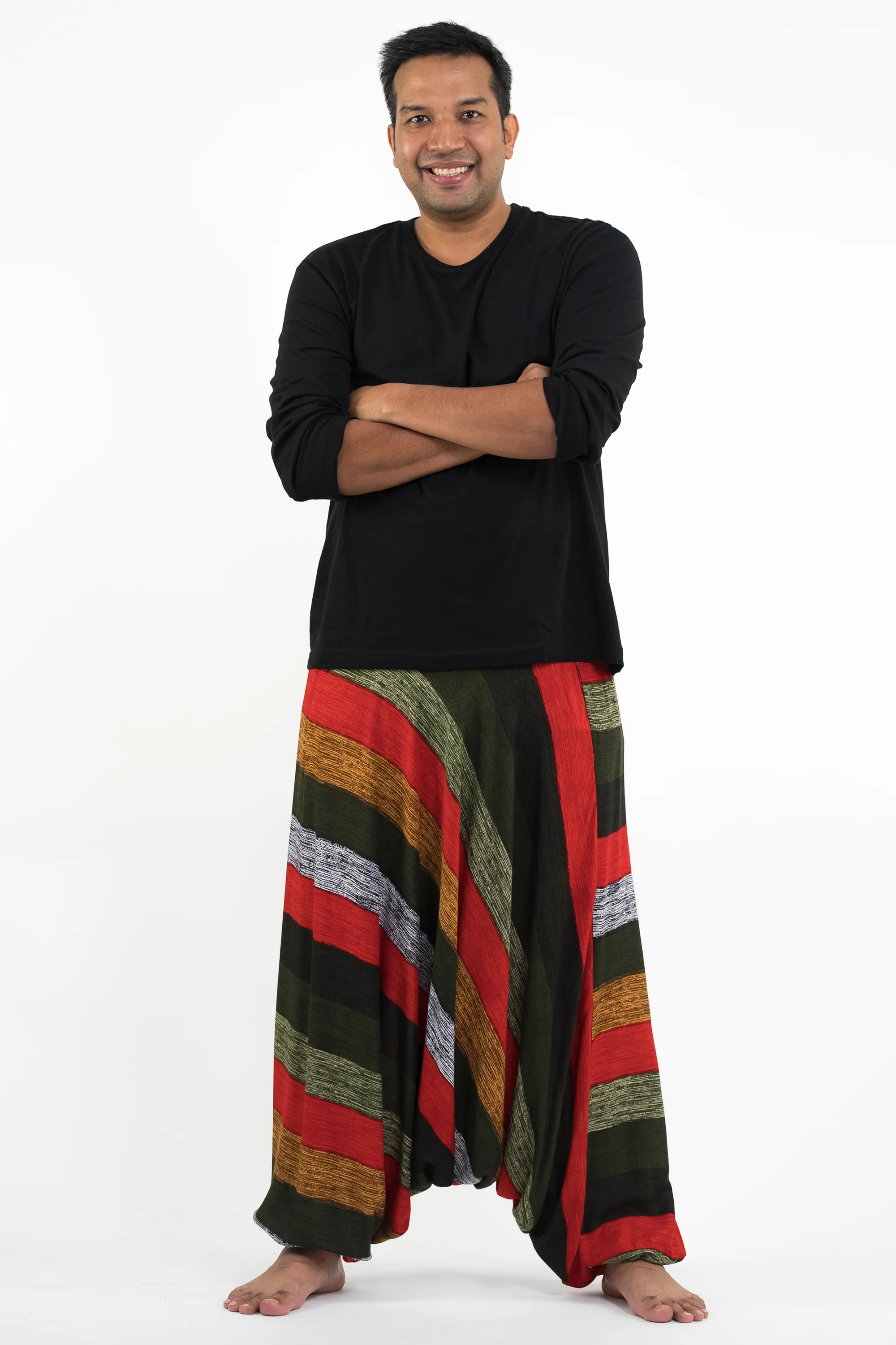 Plus Size Boho Striped Drop Crotch Men's Harem Pants in Green