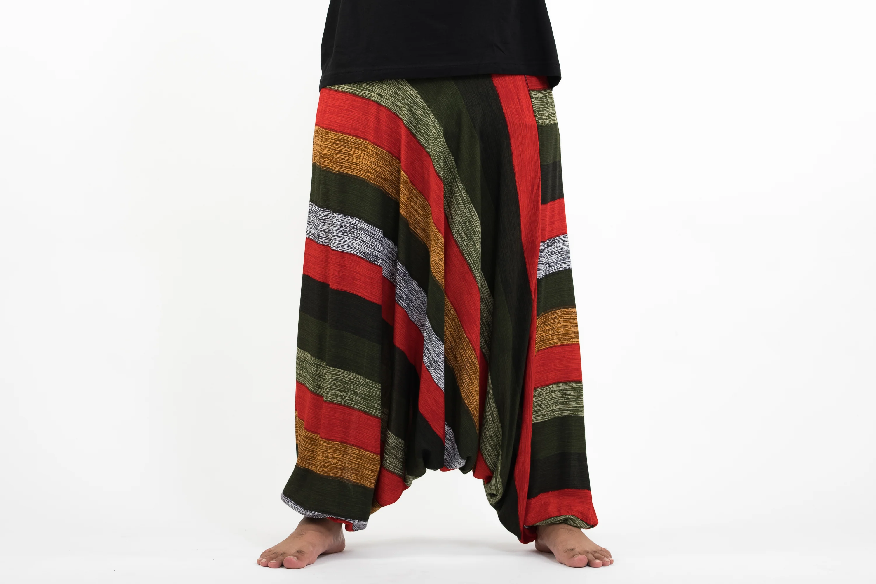 Plus Size Boho Striped Drop Crotch Men's Harem Pants in Green