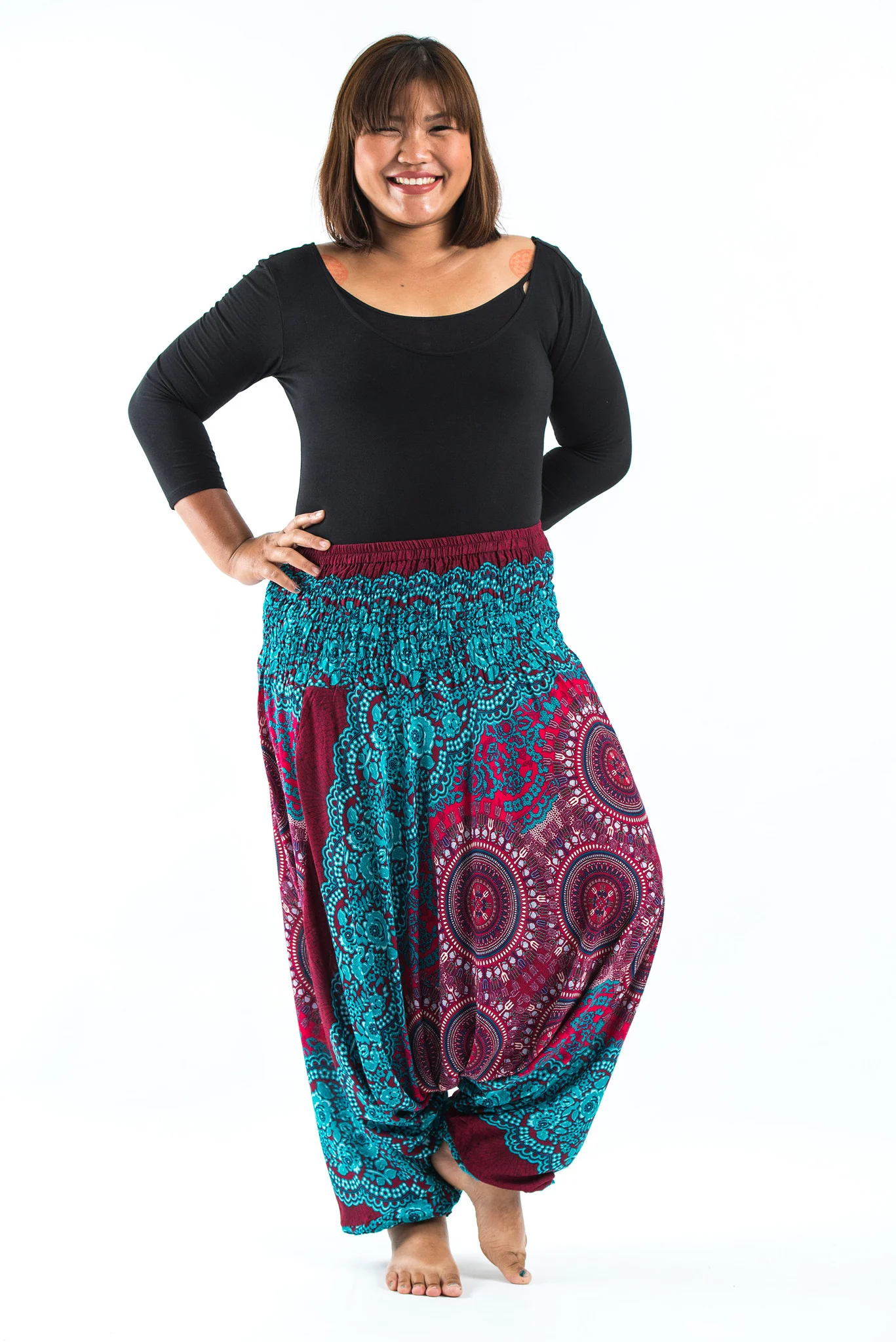 Plus Size Trishula Mandalas 2-in-1 Jumpsuit Harem Pants in Red Blue