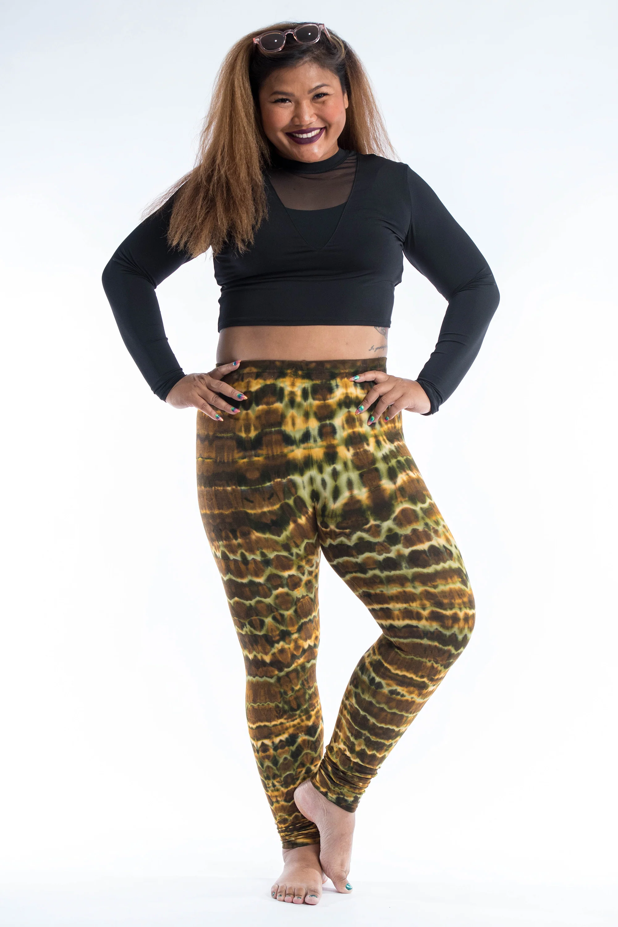 Plus Size Melting Stripes Tie Dye Cotton Leggings in Olive