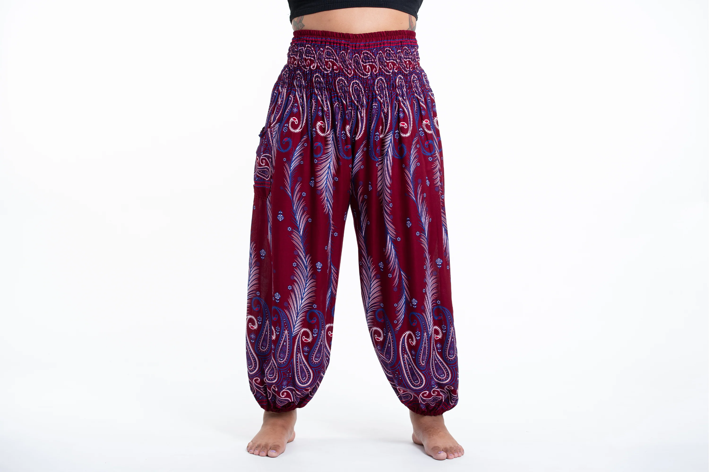 2556-Plus-Size-Paisley-Feathers-Women-s-Harem-Pants-in-Red-2.webp Plus Size Paisley Feathers Women's Harem Pants in Red