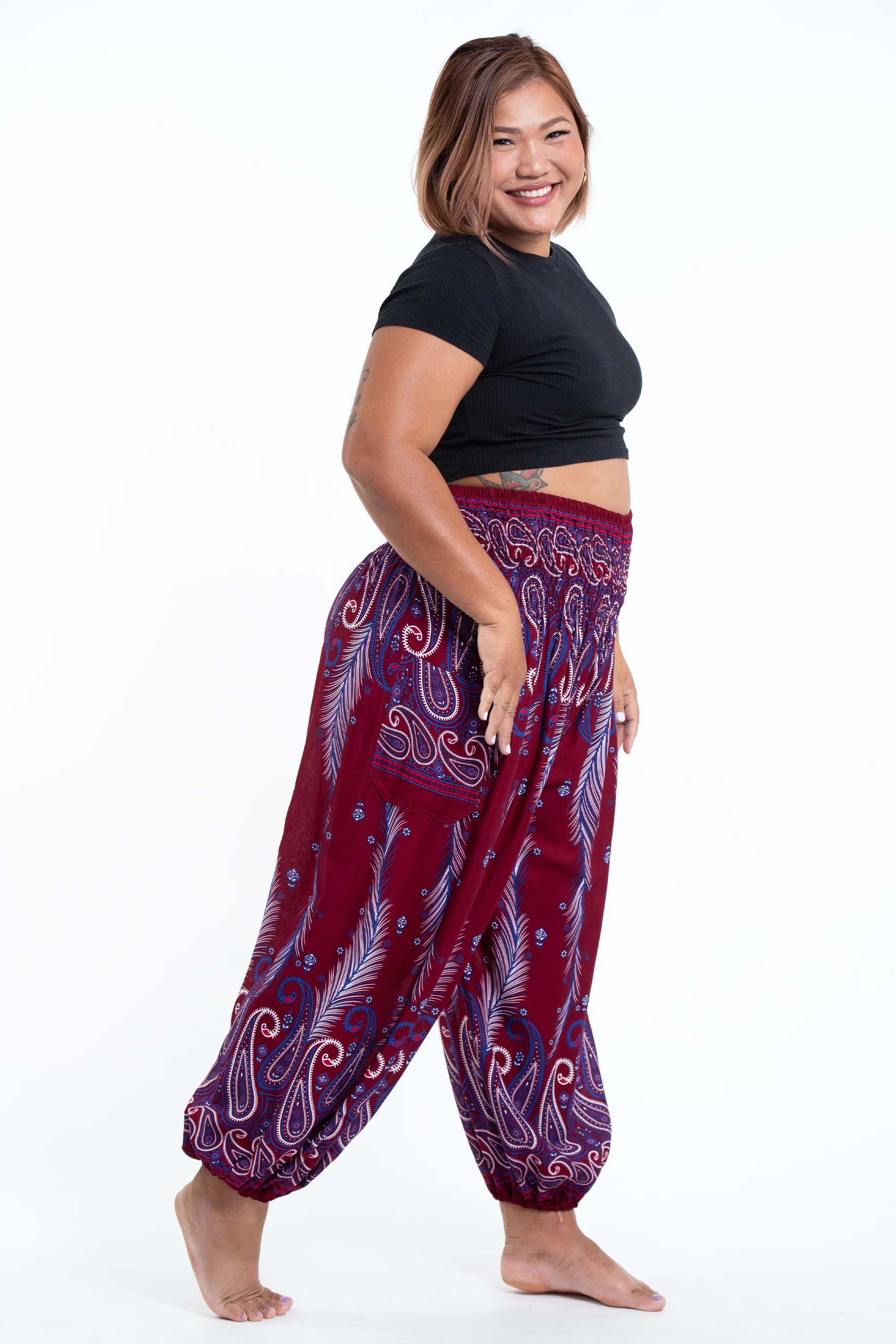2556-Plus-Size-Paisley-Feathers-Women-s-Harem-Pants-in-Red-3.webp Plus Size Paisley Feathers Women's Harem Pants in Red