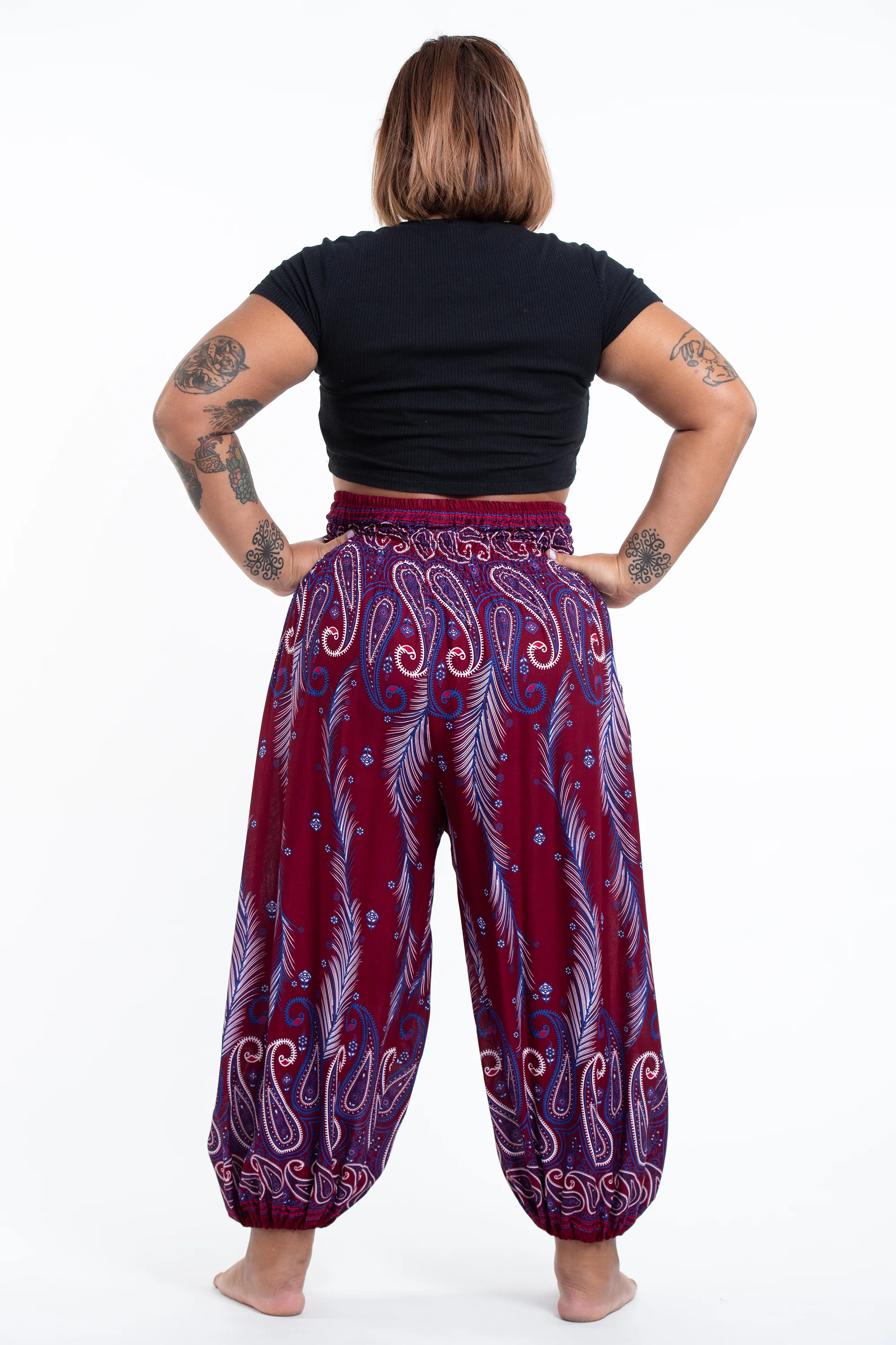 2556-Plus-Size-Paisley-Feathers-Women-s-Harem-Pants-in-Red-4.webp Plus Size Paisley Feathers Women's Harem Pants in Red