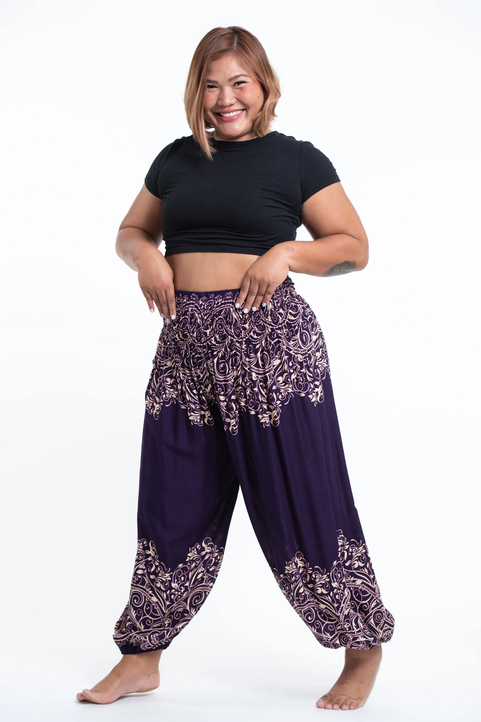 Plus Size Vines Women's Harem Pants in Purple