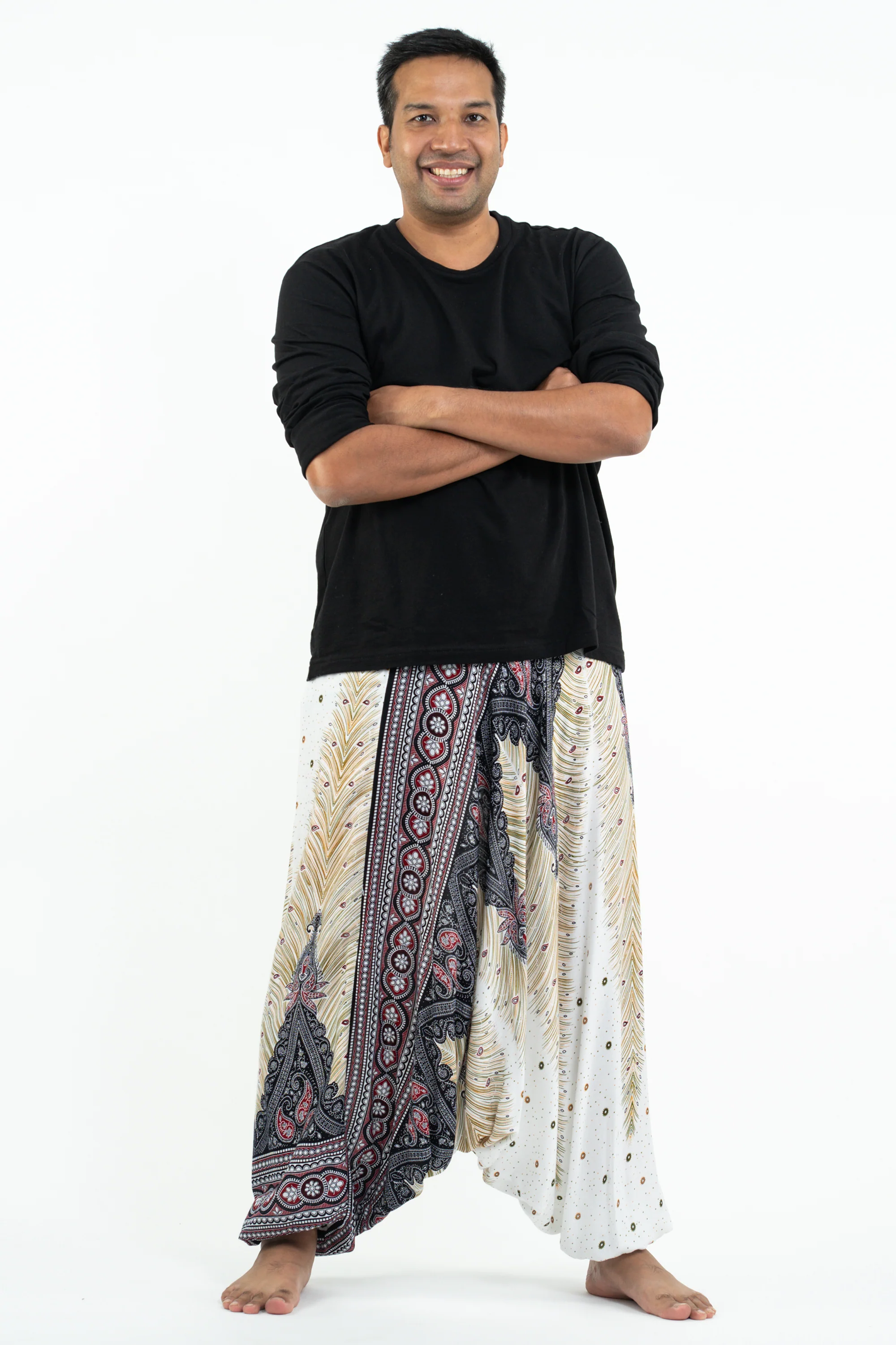 Plus Size Peacock Feathers Drop Crotch Men's Harem Pants in White