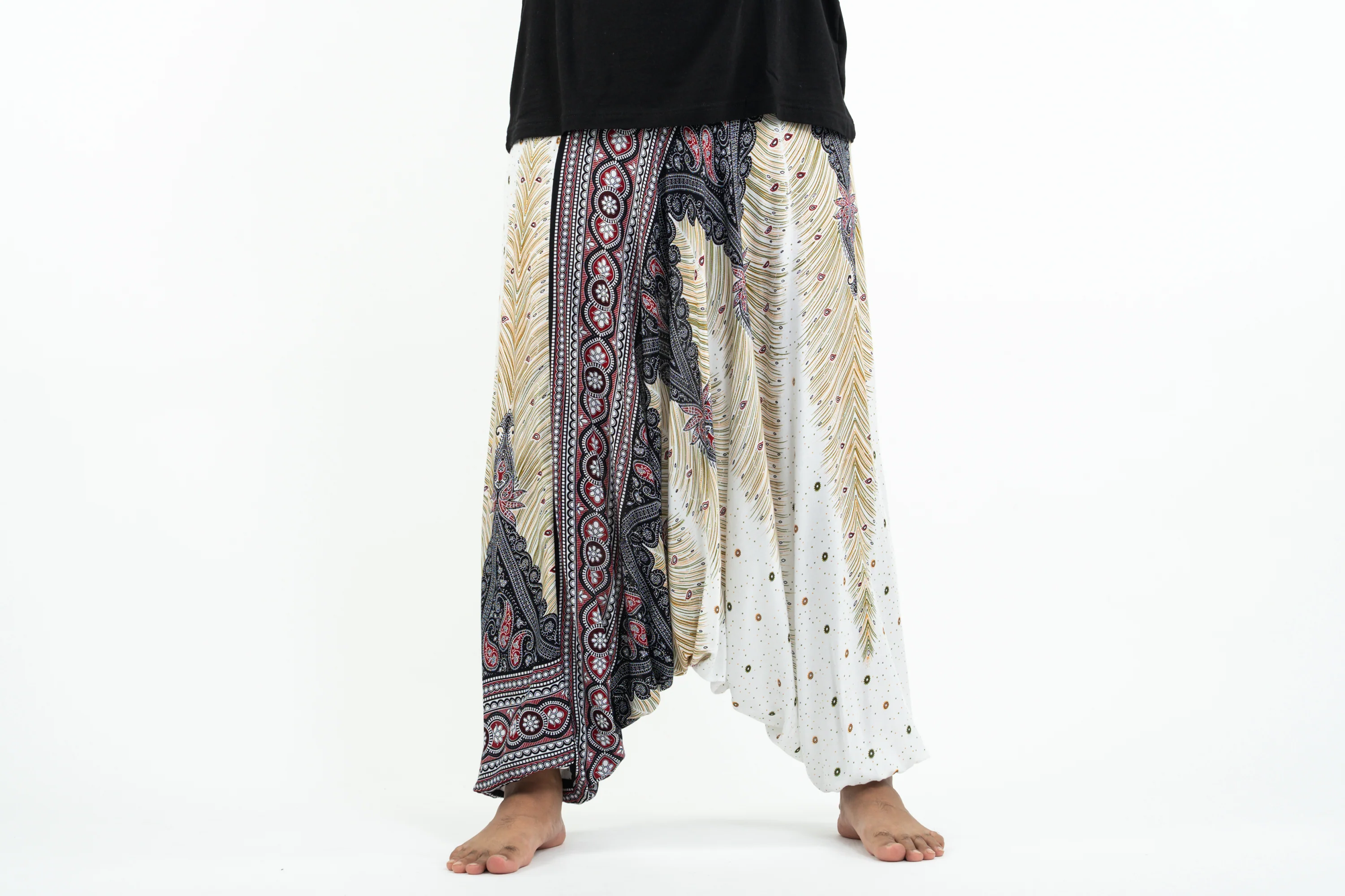 2561-Plus-Size-Peacock-Feathers-Drop-Crotch-Men-s-Harem-Pants-in-White-2.webp Plus Size Peacock Feathers Drop Crotch Men's Harem Pants in White