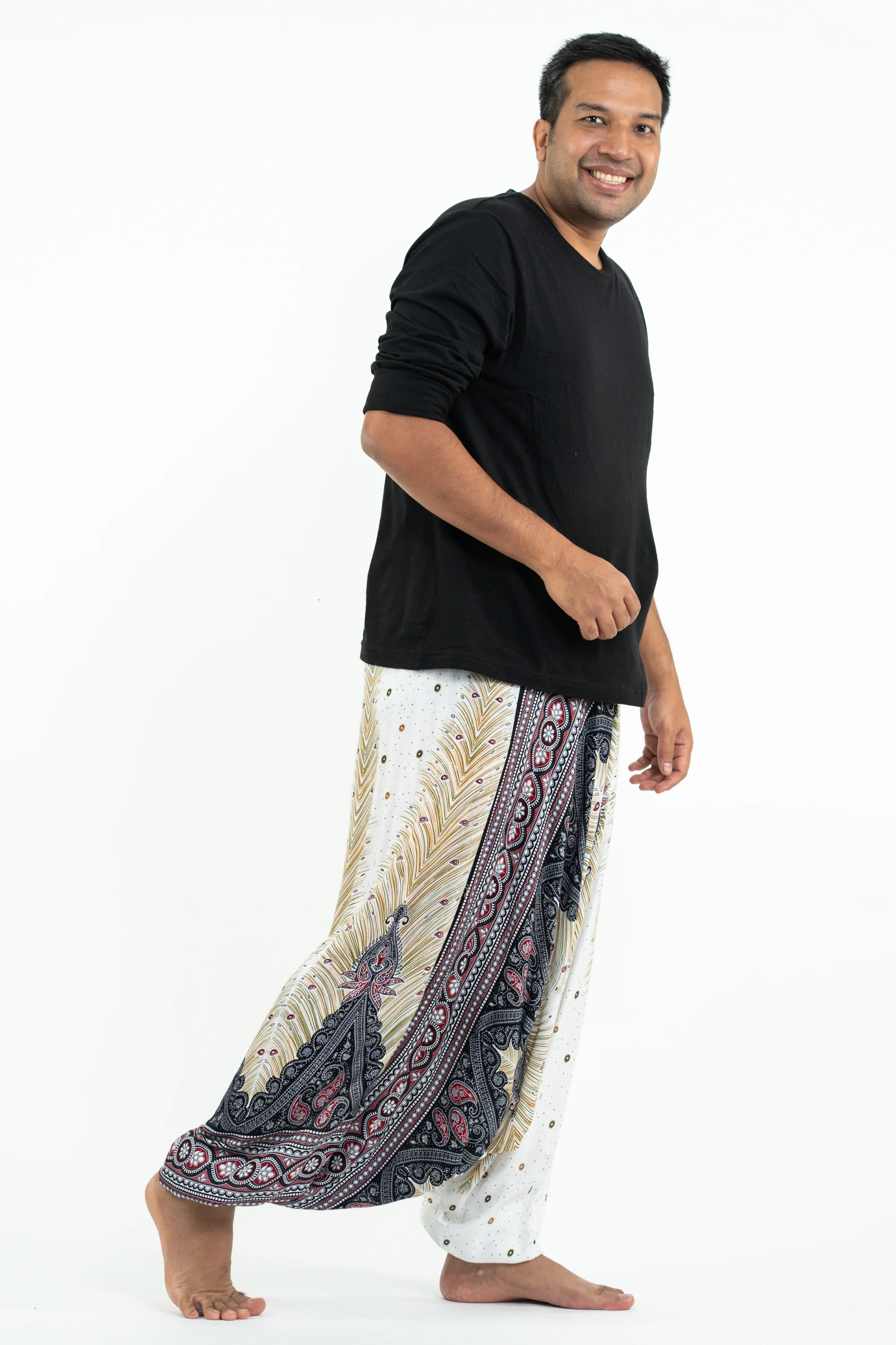 2561-Plus-Size-Peacock-Feathers-Drop-Crotch-Men-s-Harem-Pants-in-White-3.webp Plus Size Peacock Feathers Drop Crotch Men's Harem Pants in White