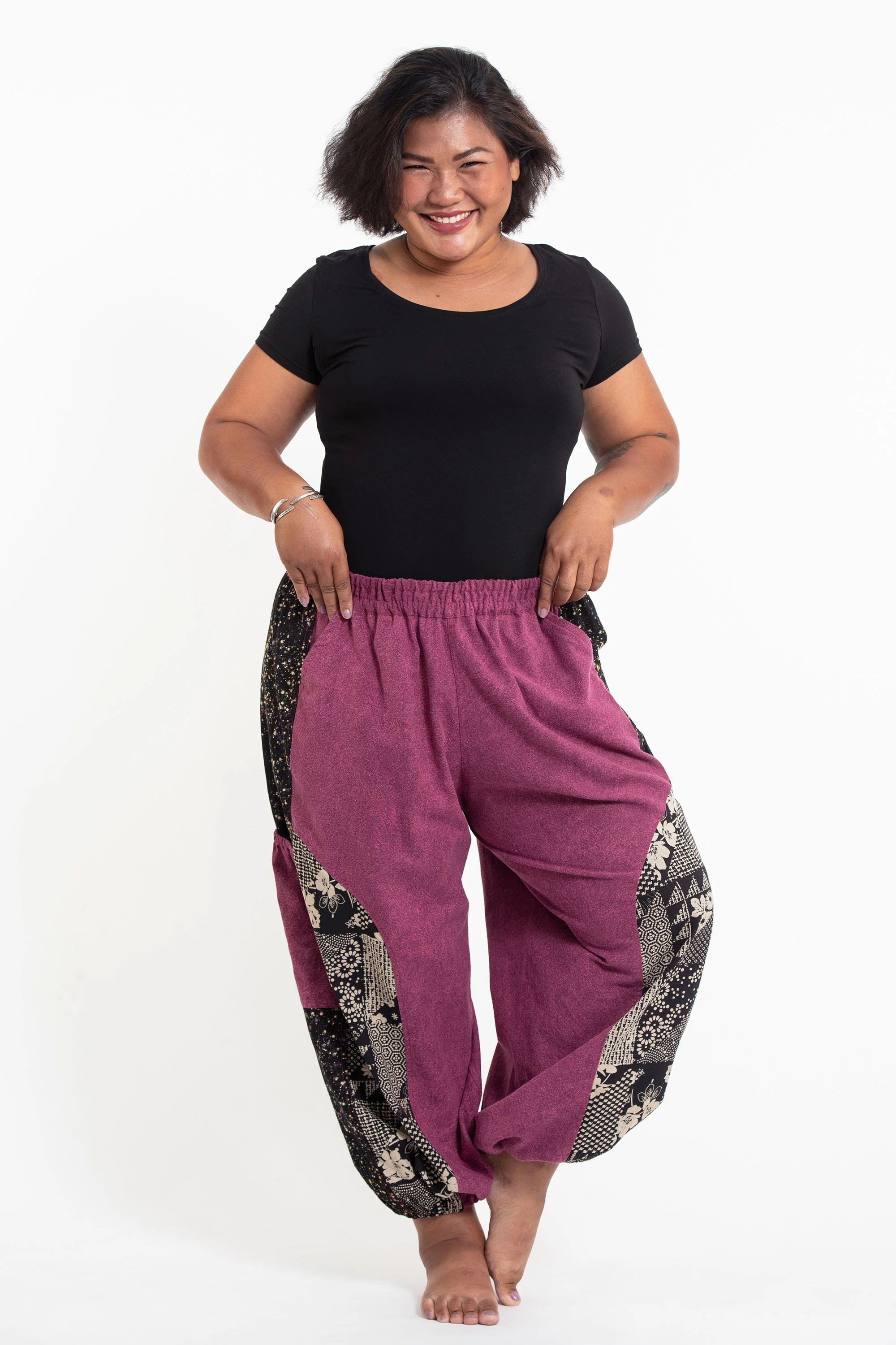 Plus Size Stone Washed Patchwork Women Pants in Pink