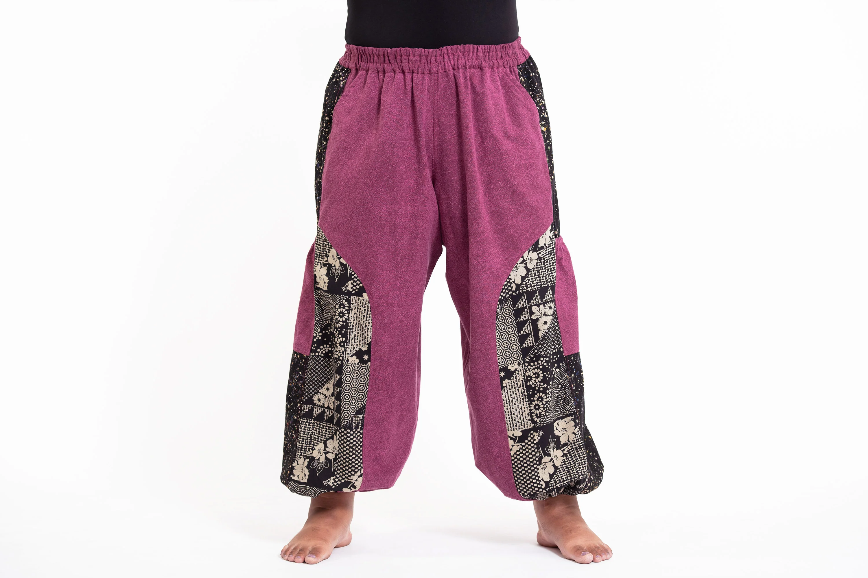 Plus Size Stone Washed Patchwork Women Pants in Pink