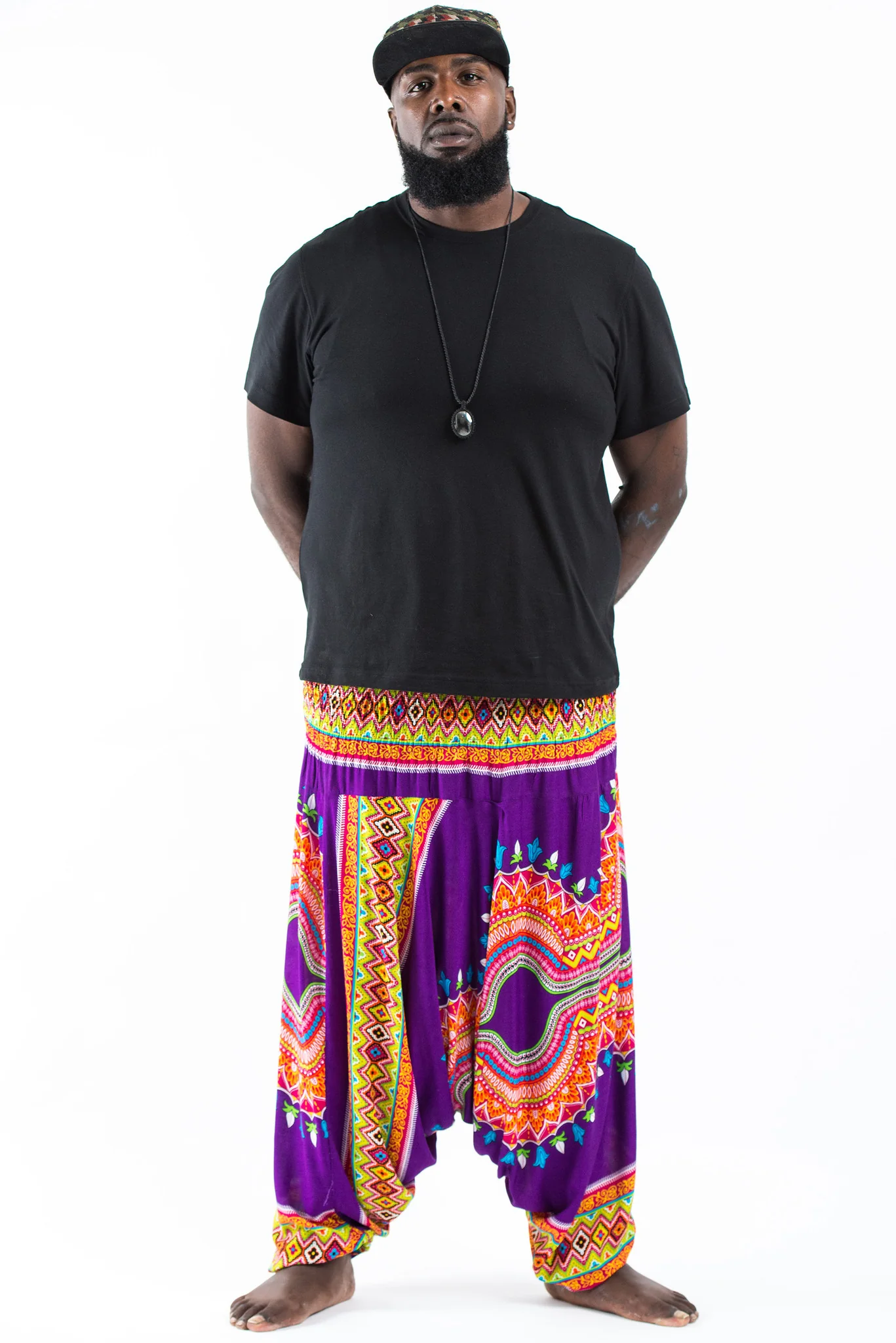 Plus Size Dashiki Prints Drop Crotch Men's Harem Pants in Purple