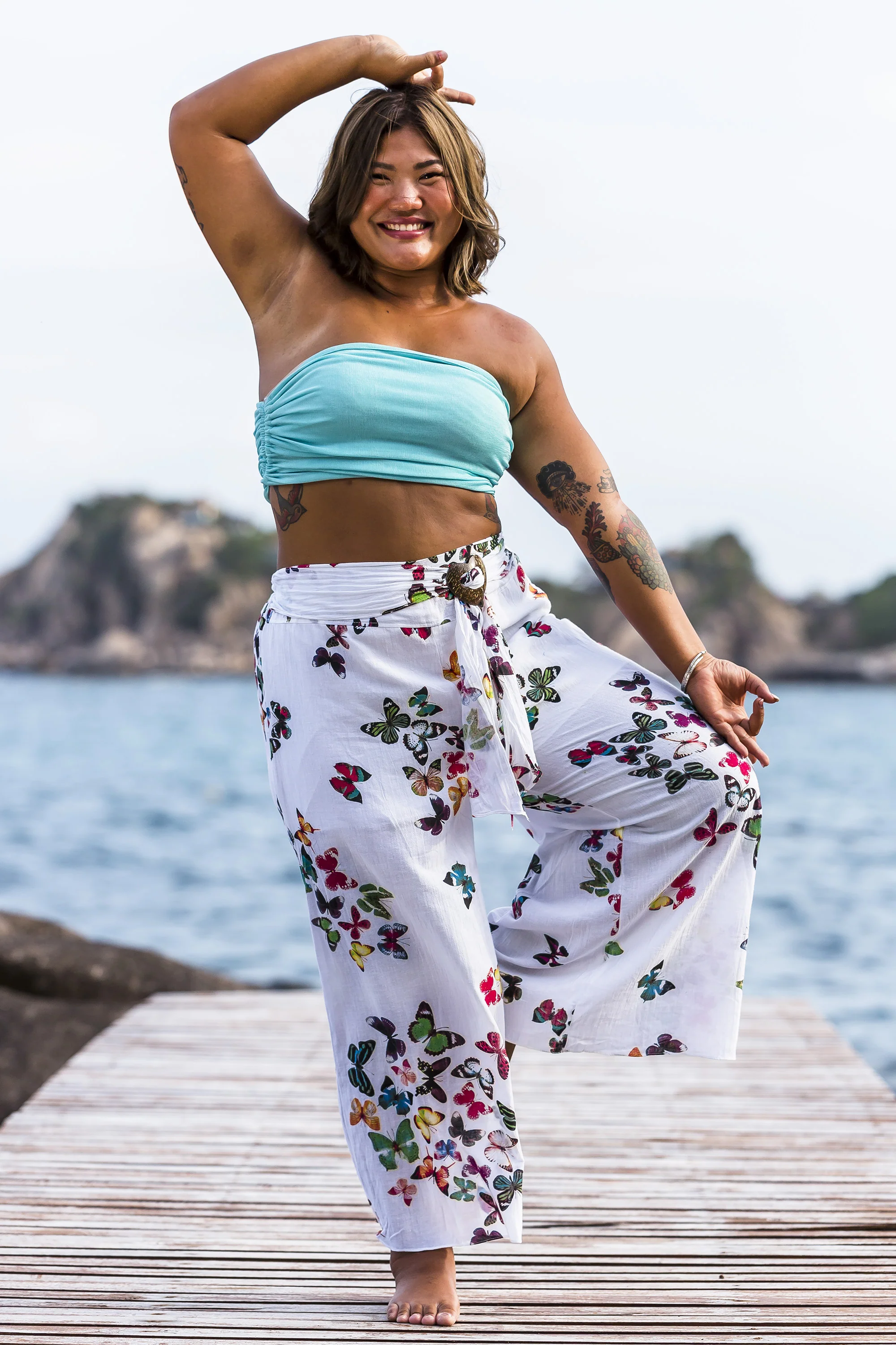 Plus Size Women's Thai Harem Palazzo Pants in Butterflies Pink