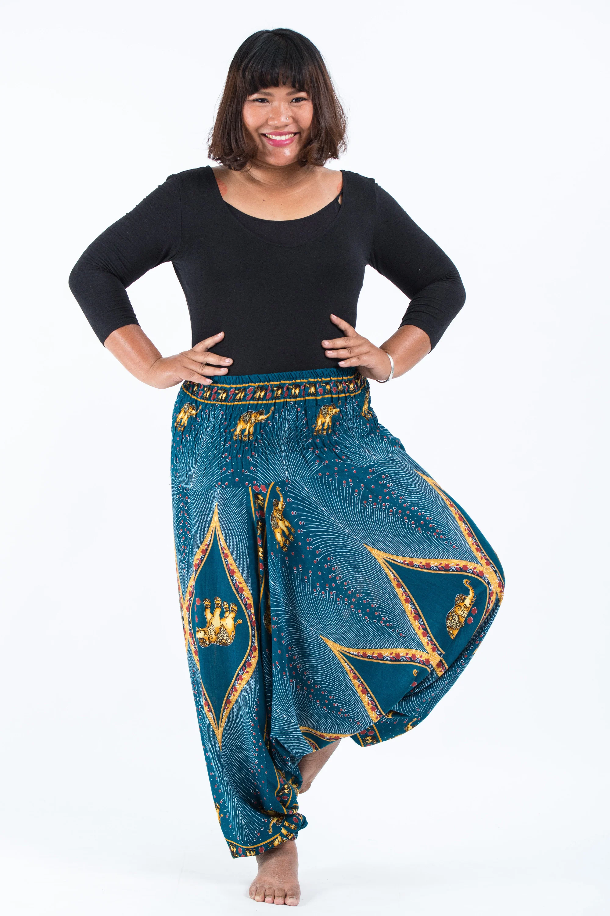 Plus Size Peacock Elephant 2-in-1 Jumpsuit Elephant Pants in Turquoise