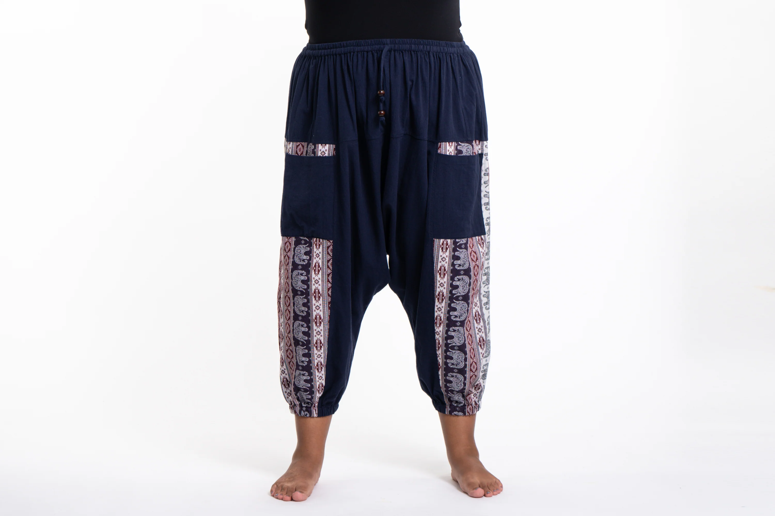 Plus Size Elephant Aztec Cotton Women's Harem Pants in Navy