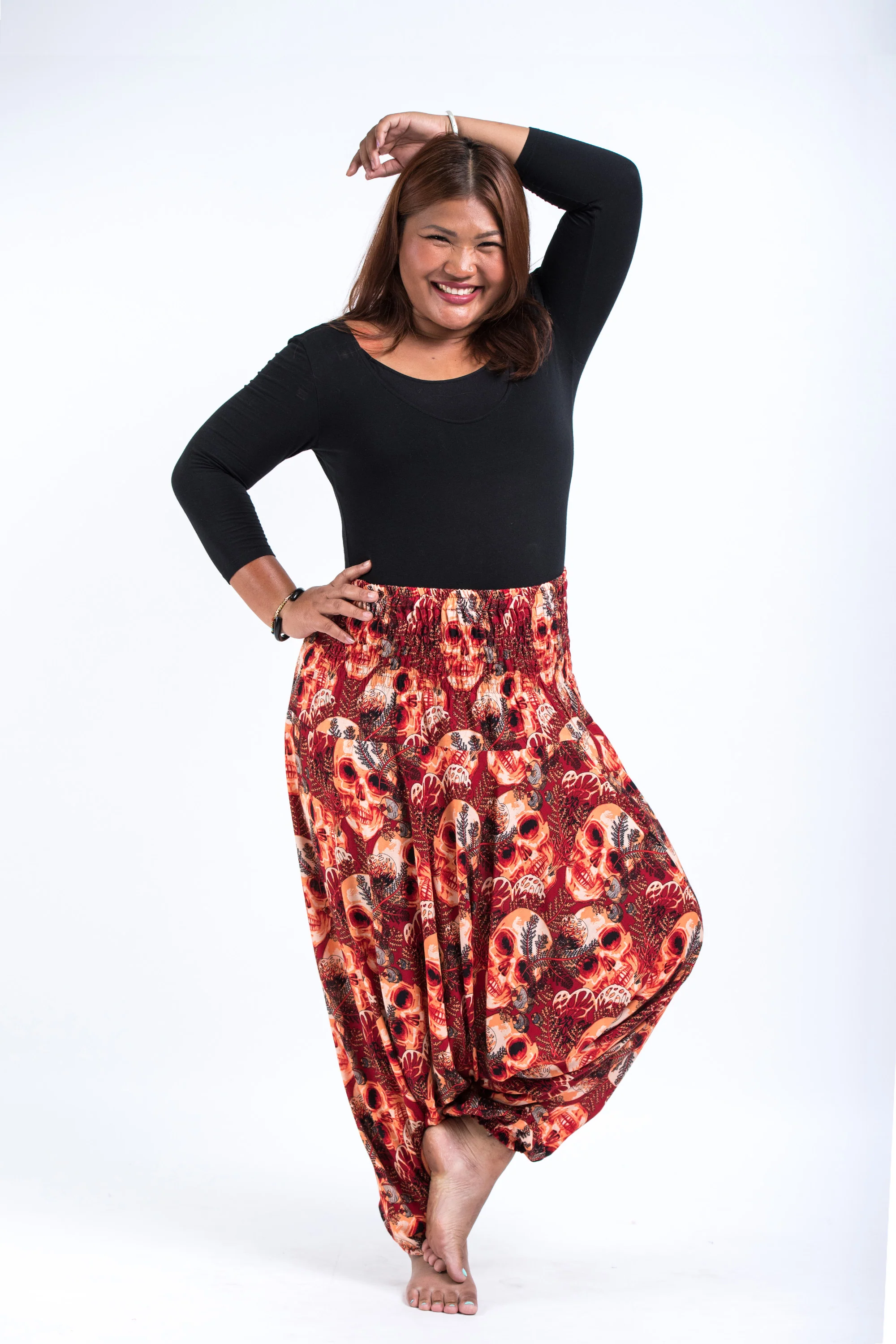 Plus Size Skulls 2-in-1 Jumpsuit Harem Pants in Red