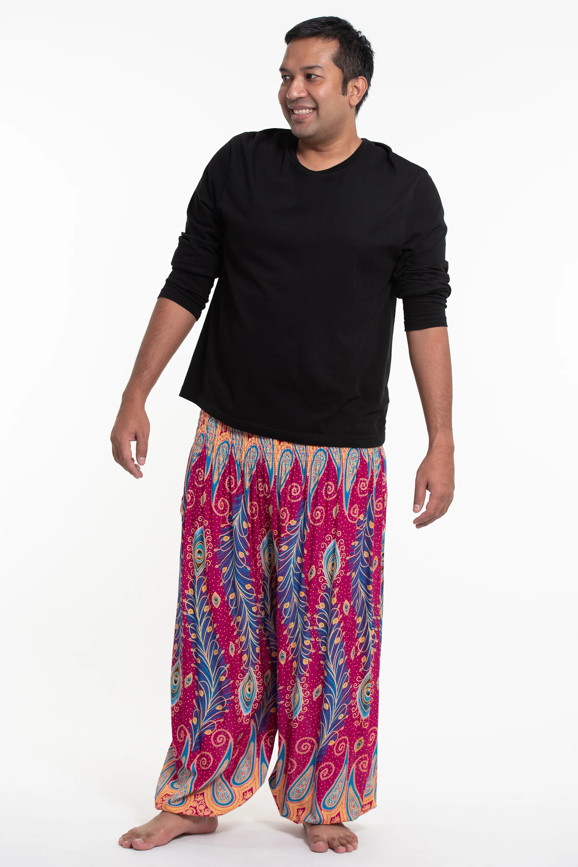 Plus Size Peacock Paisley Men's Harem Pants in Pink